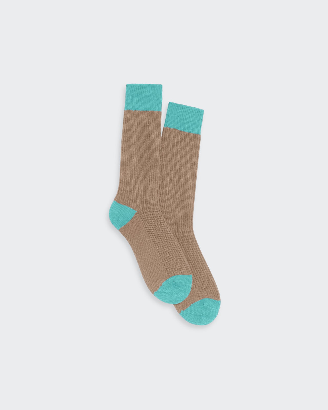 The Soft Socks - Taupe/Glacier unisex cashmere socks with contrast turquoise toe and cuff, one size premium comfort.