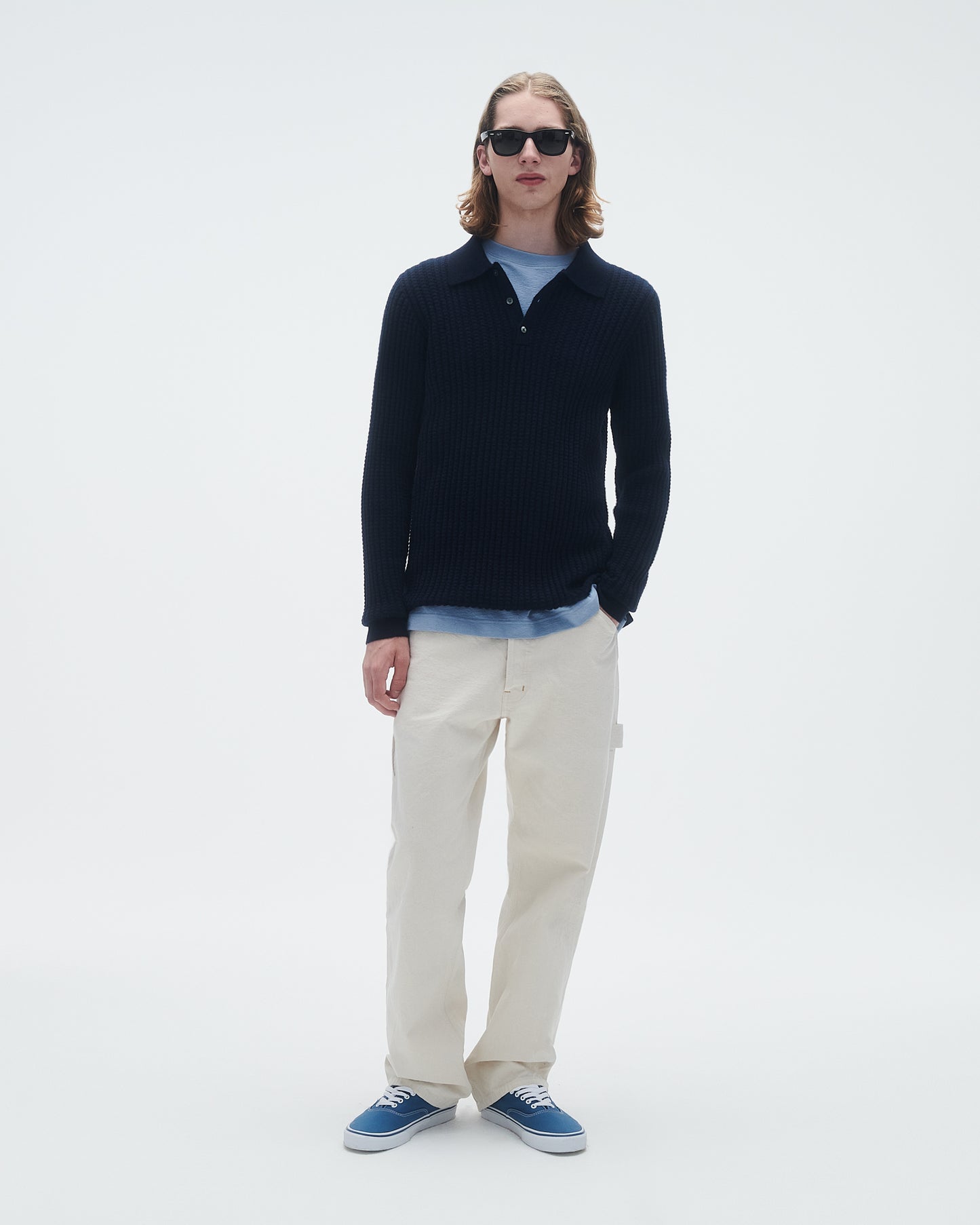 Theo Waffle Polo In Cashmere - Midnight