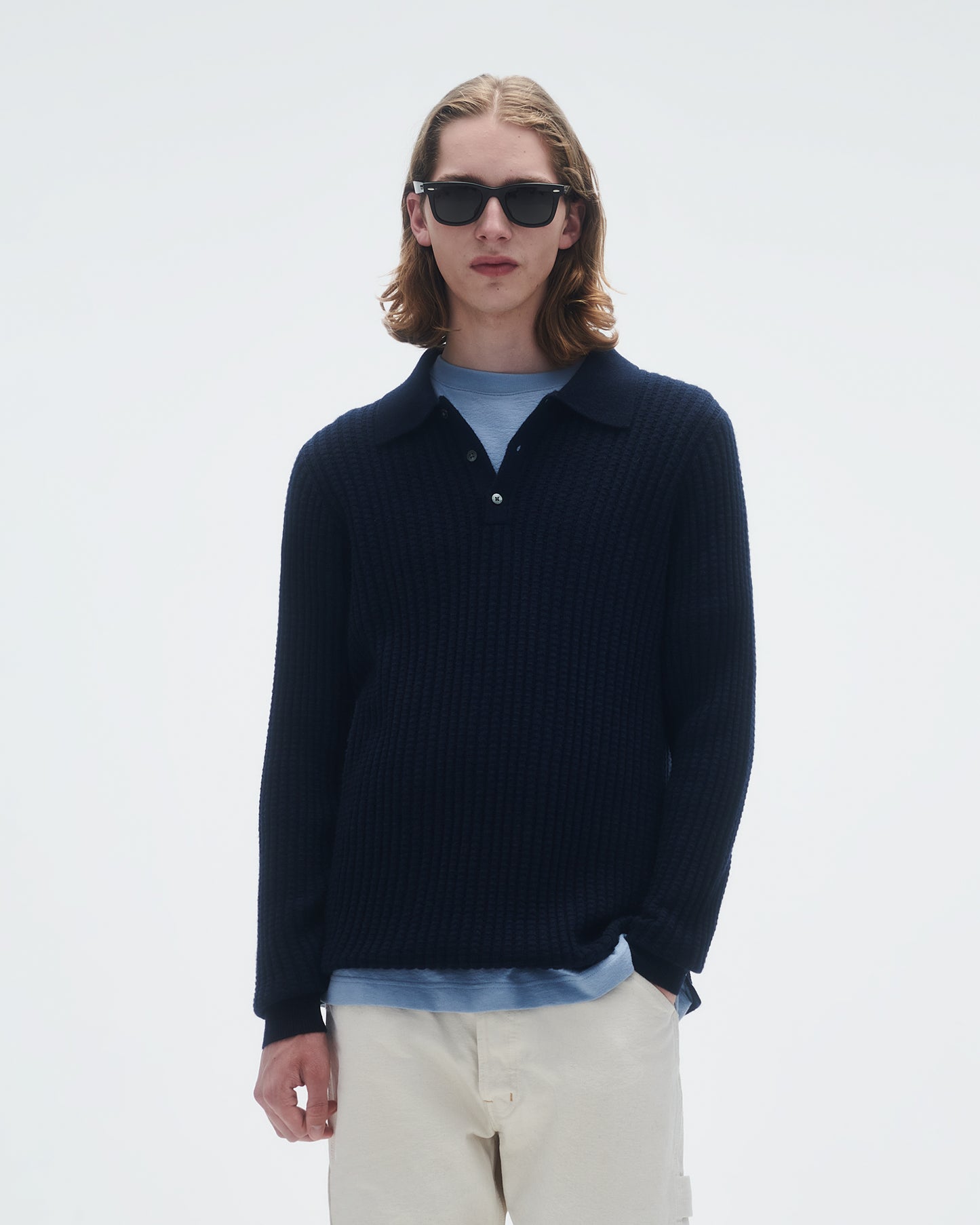 Theo Waffle Polo In Cashmere - Midnight