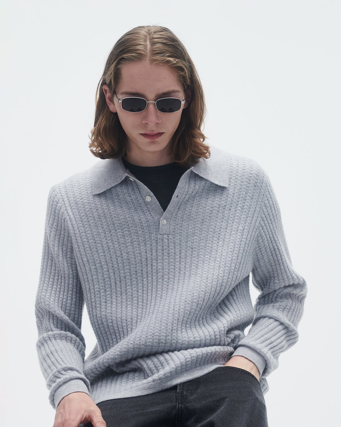 Theo Waffle Polo In Cashmere - Stone