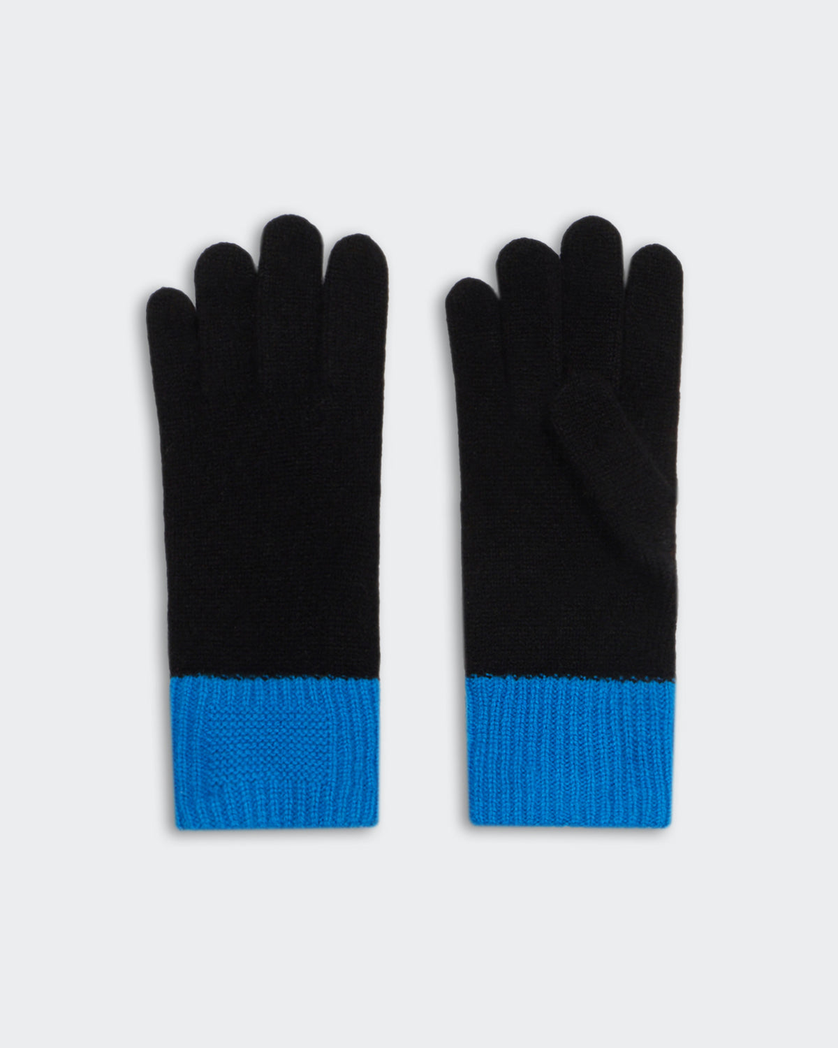 Black gloves with bright blue cuffs laid flat on a light gray background, showing both palm and back sides.