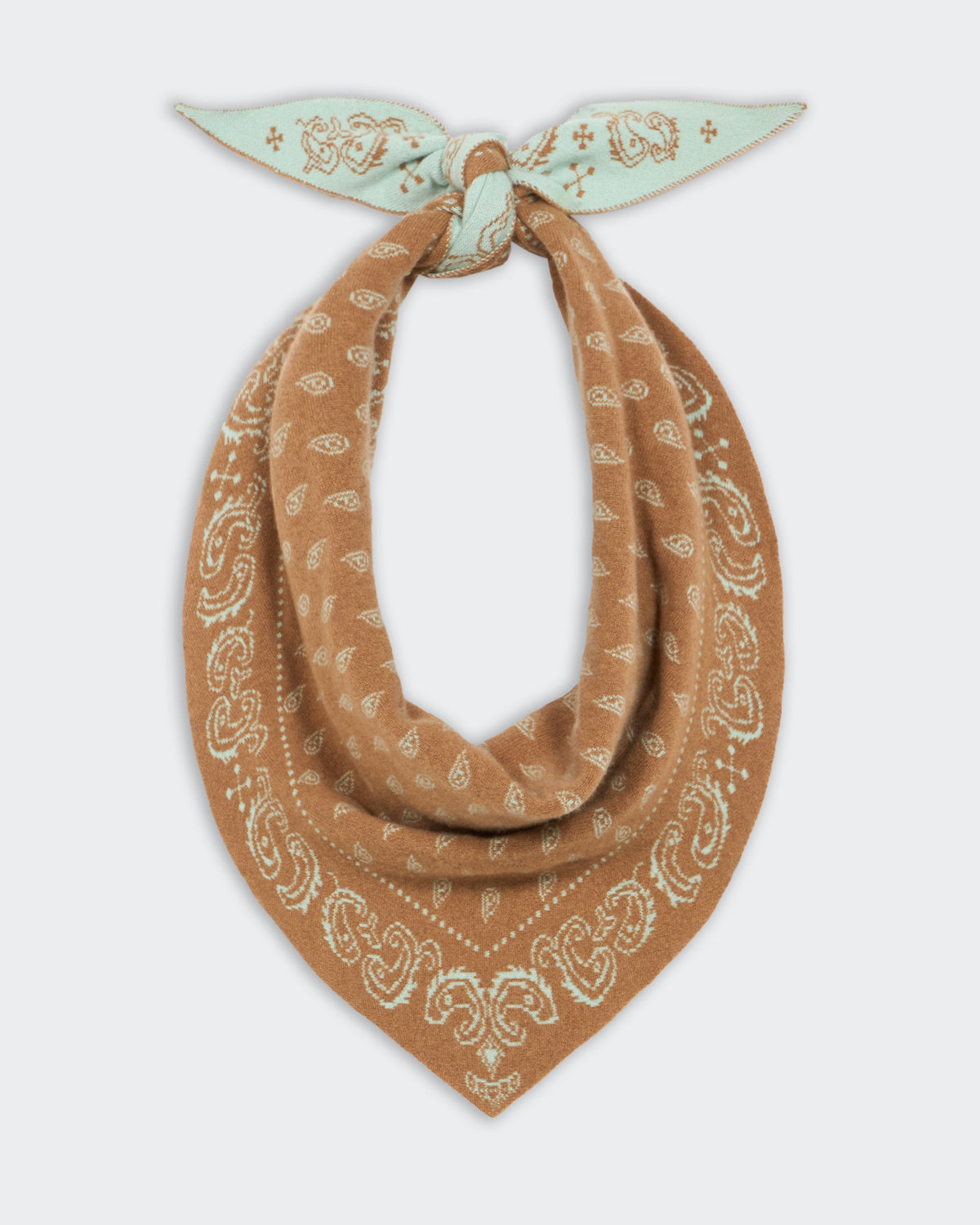 Mid-weight paisley bandana scarf in almond and seaglass colors, reversible 100% cashmere tubular knit design