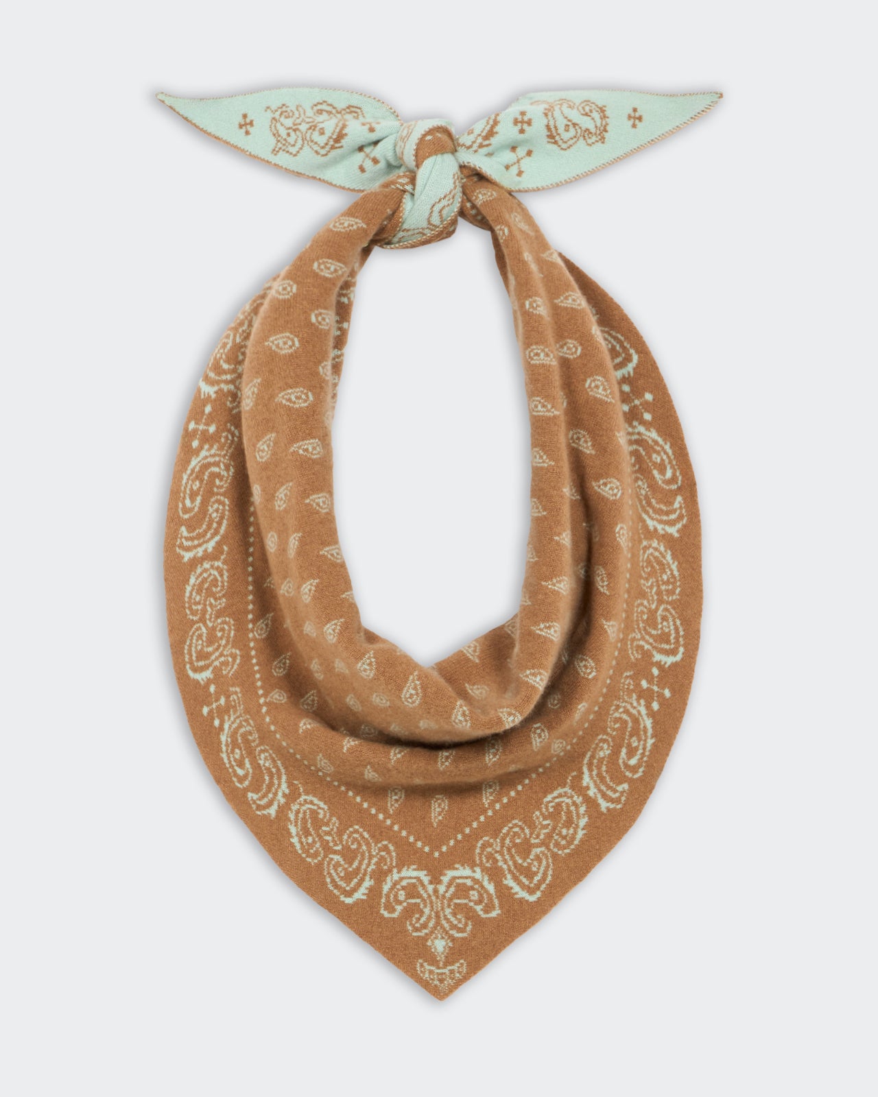 Mid-weight paisley bandana scarf in almond and seaglass colors, reversible 100% cashmere tubular knit design