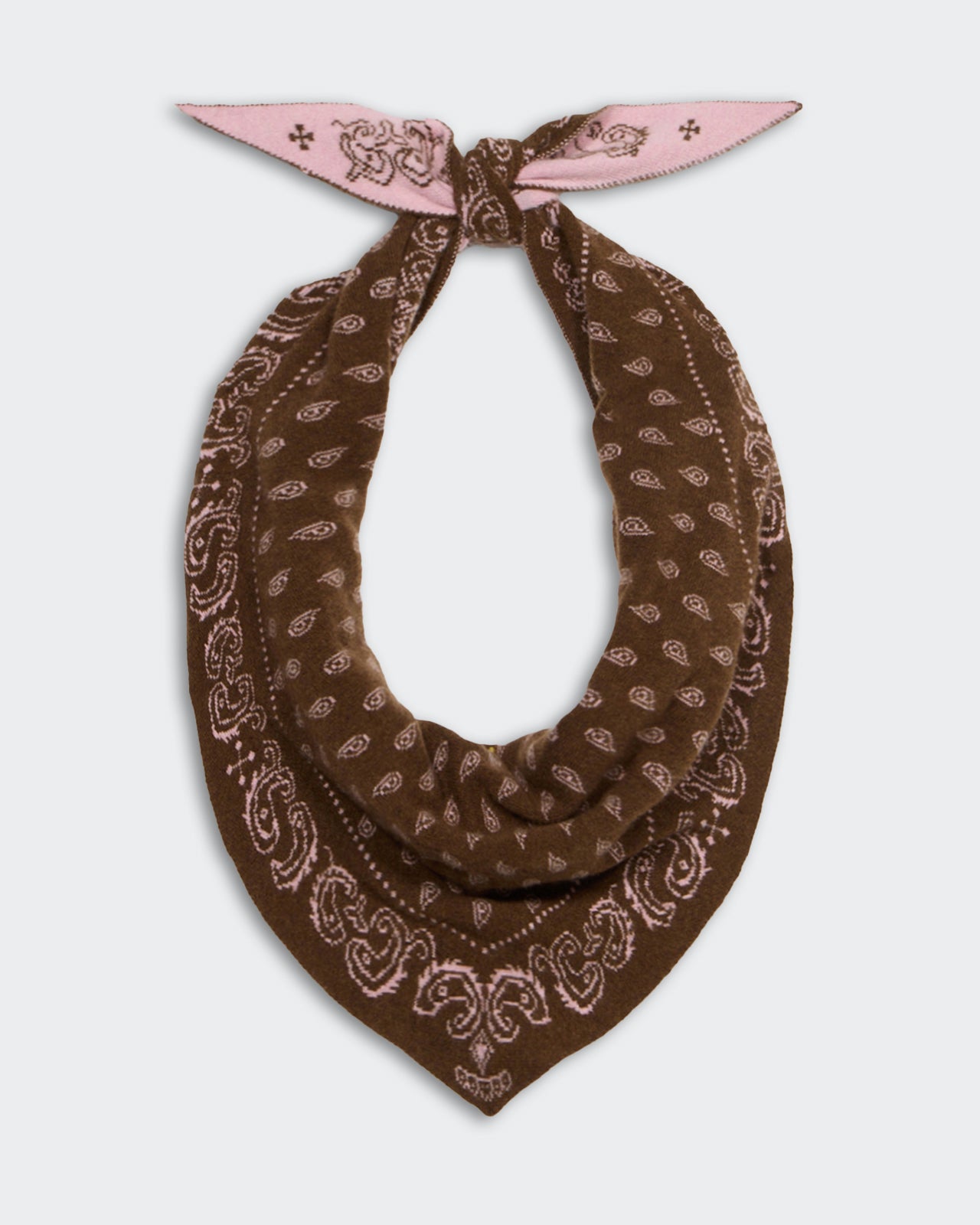 Reversible chestnut and daybreak paisley bandana made of 100% premium cashmere with tubular jacquard knit design