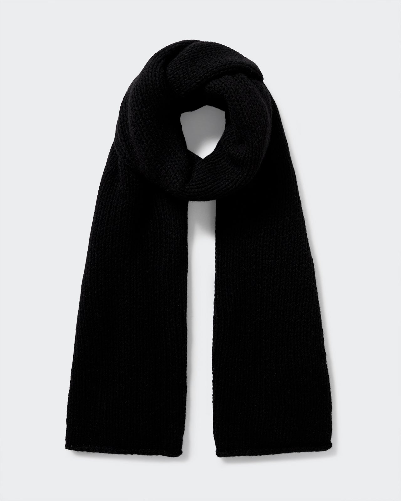 The Big Scarf - Black, lightweight 100% cashmere knit scarf with roll hem, 74 by 19 inches, soft and warm accessory.