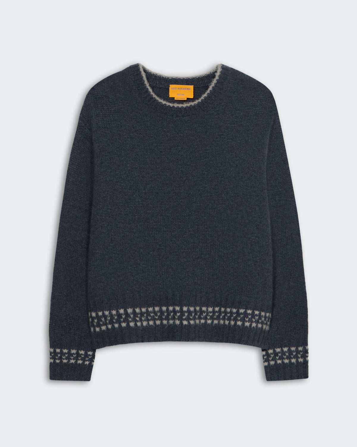 Charcoal cozy crewneck sweater with mist contrast trim and fuzzy pick stitch detail in merino wool yarn