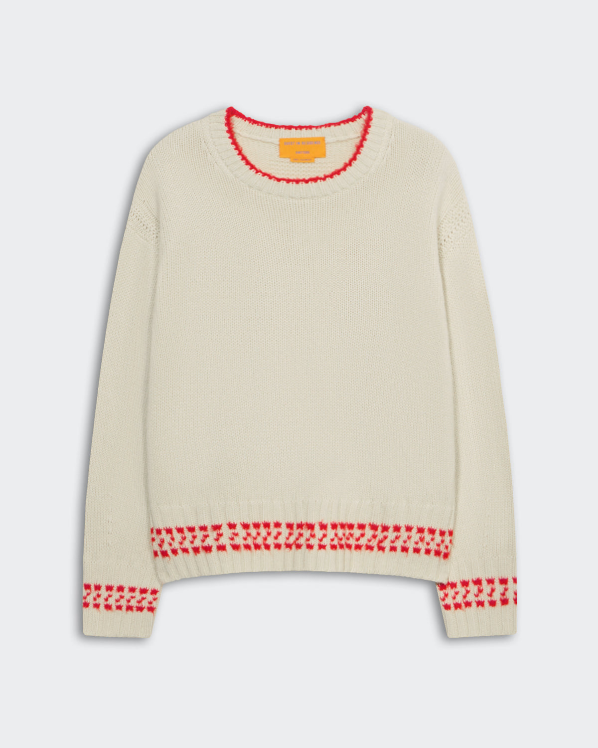 Heavy-weight cozy crewneck sweater in mist color with chili red contrast tipping on hem, cuffs, and neckline