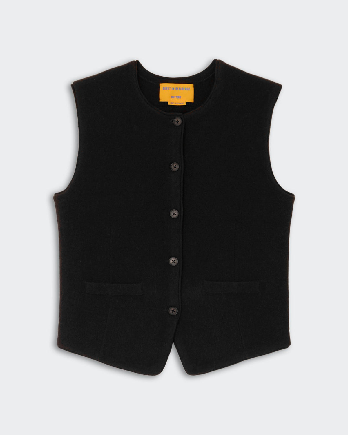 Tailored Crew Vest - Black sleeveless button-up vest with round neckline and front pockets laid flat on light background.