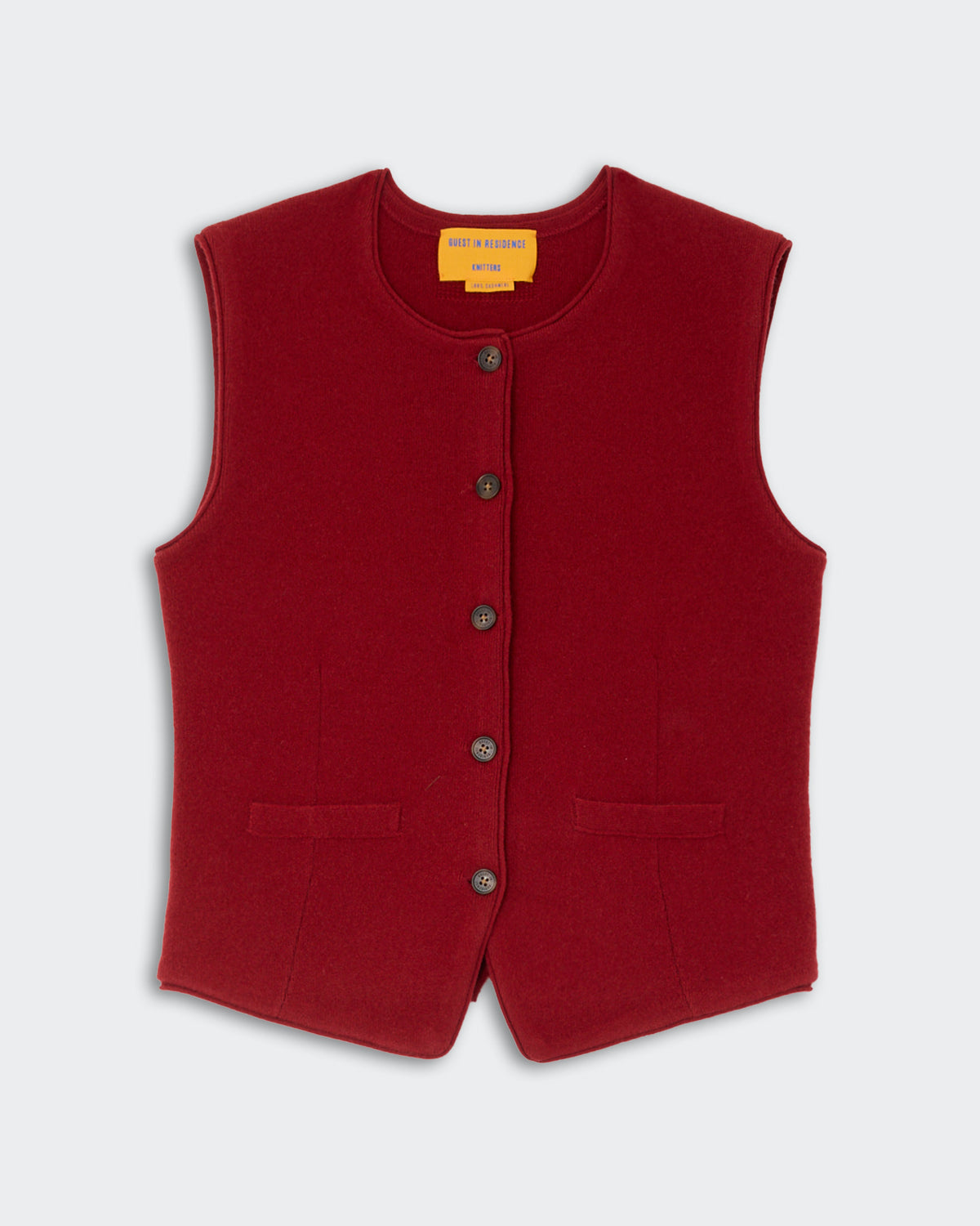 Tailored Crew Vest - Carmine in rich red Cashmere fabric featuring a sleeveless design, button front closure, and two front welt pockets for a refined look.
