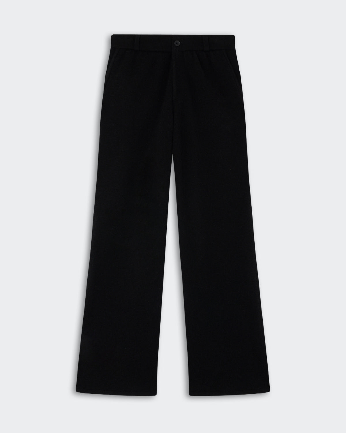 Black wide-leg pants with side pockets and a button closure at the waist, displayed on a light gray background.