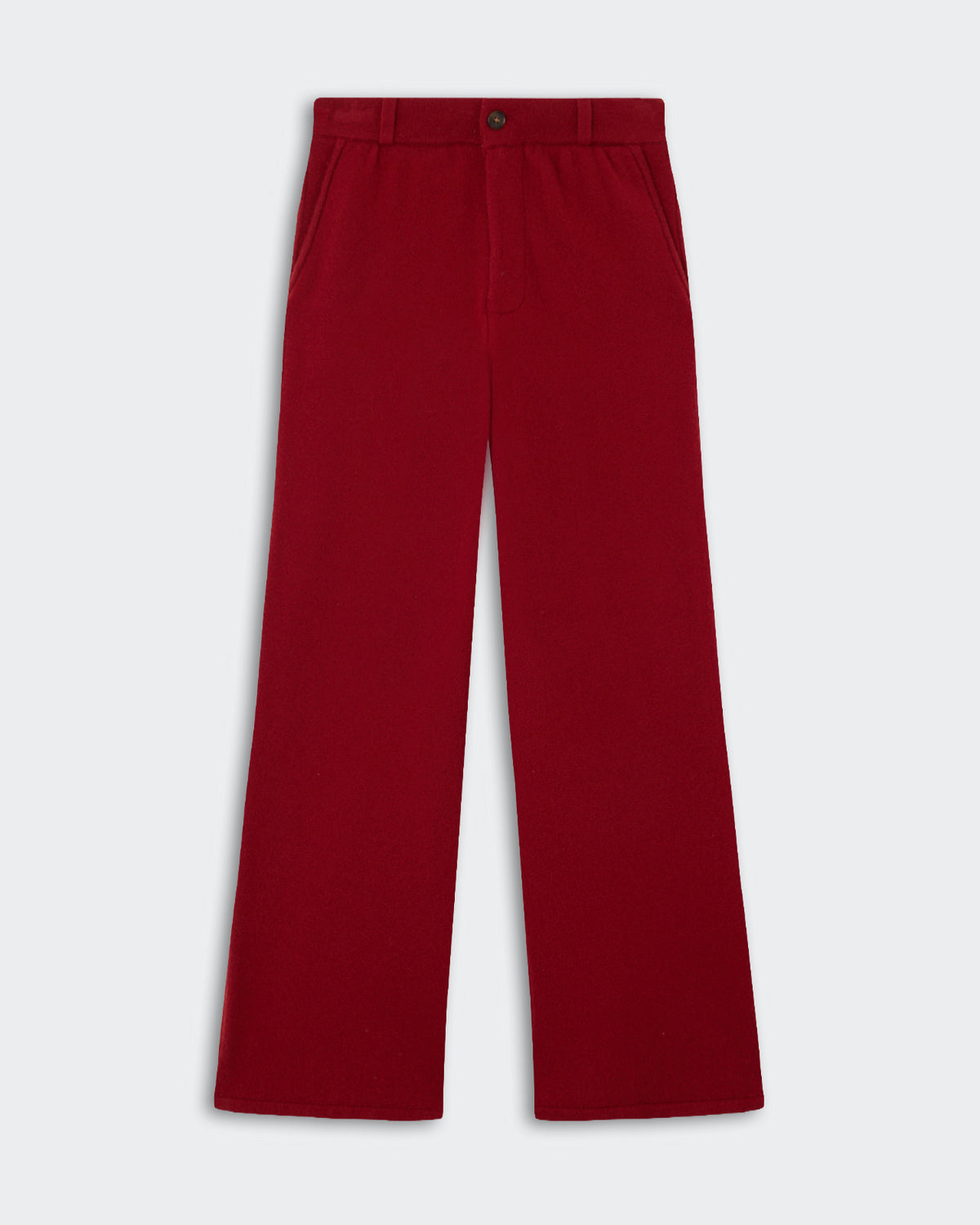 Red wide-leg trousers with a button and zipper closure, front pockets, and belt loops, displayed flat on a light background.