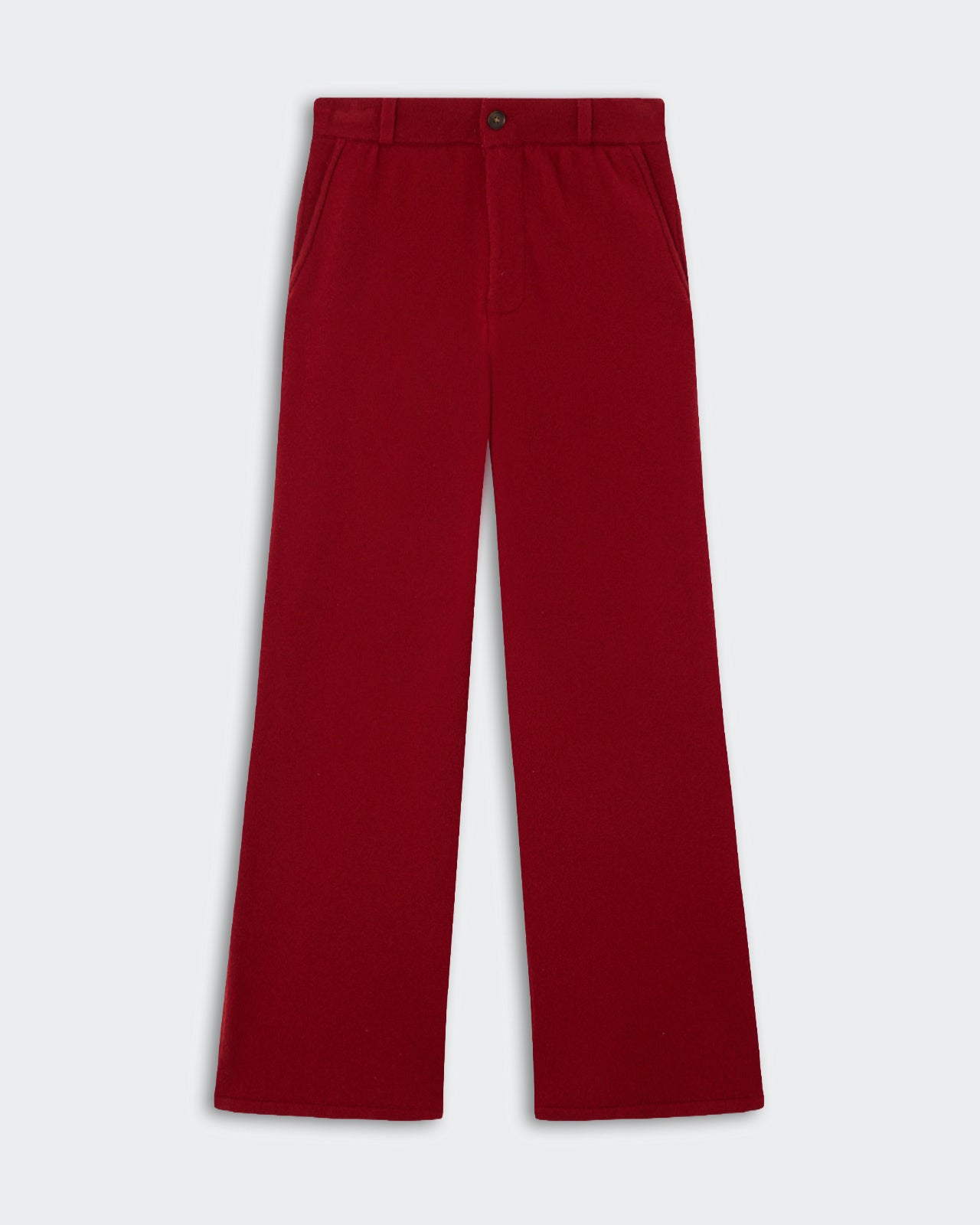Red wide-leg trousers with a button and zipper closure, front pockets, and belt loops, displayed flat on a light background.