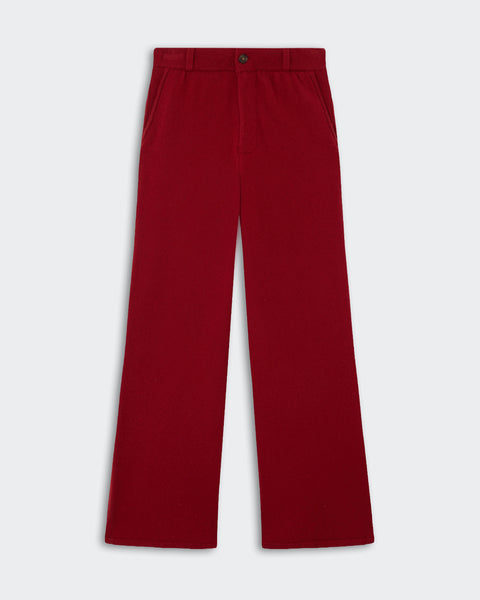 Red wide-leg trousers with a button and zipper closure, front pockets, and belt loops, displayed flat on a light background.