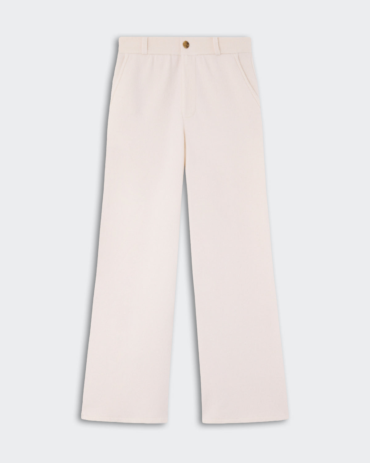 Light beige wide-leg pants with front pockets, a button and zip closure, displayed on a plain light background.