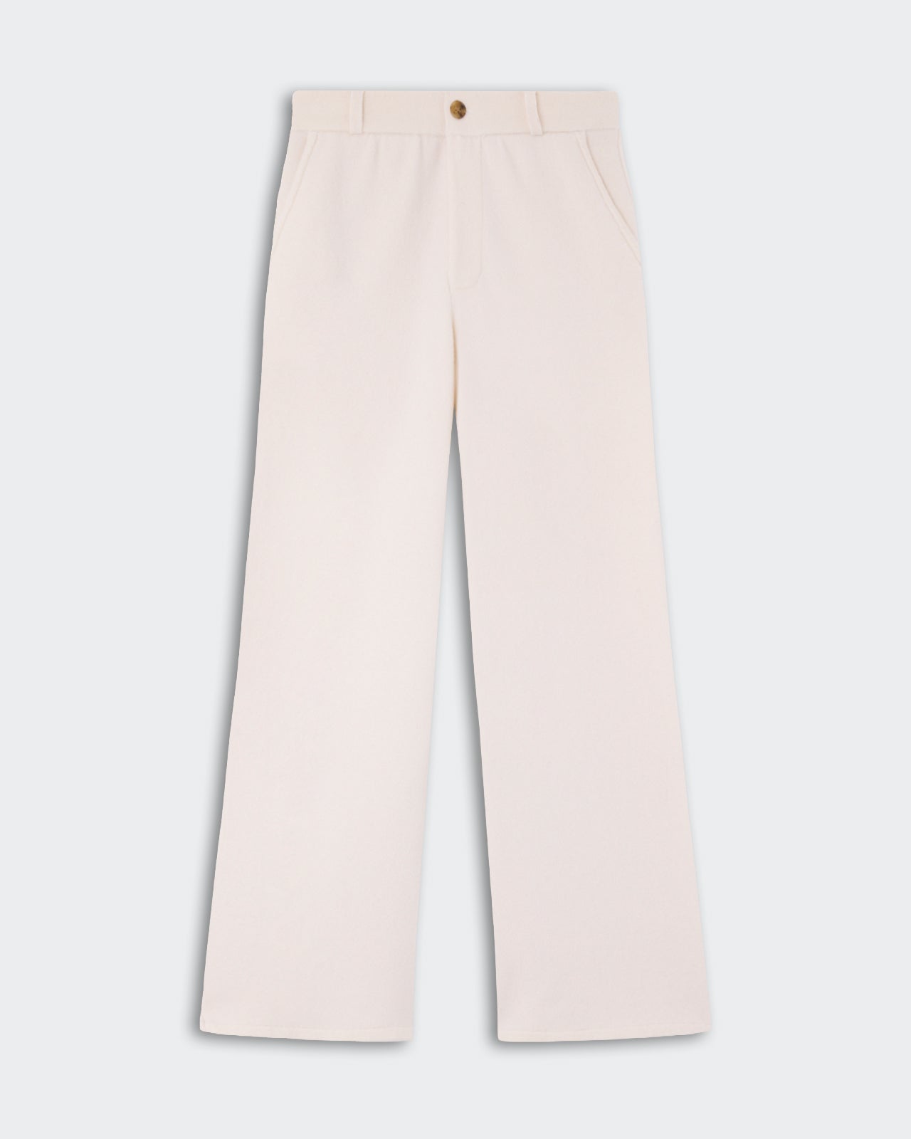 Light beige wide-leg pants with front pockets, a button and zip closure, displayed on a plain light background.