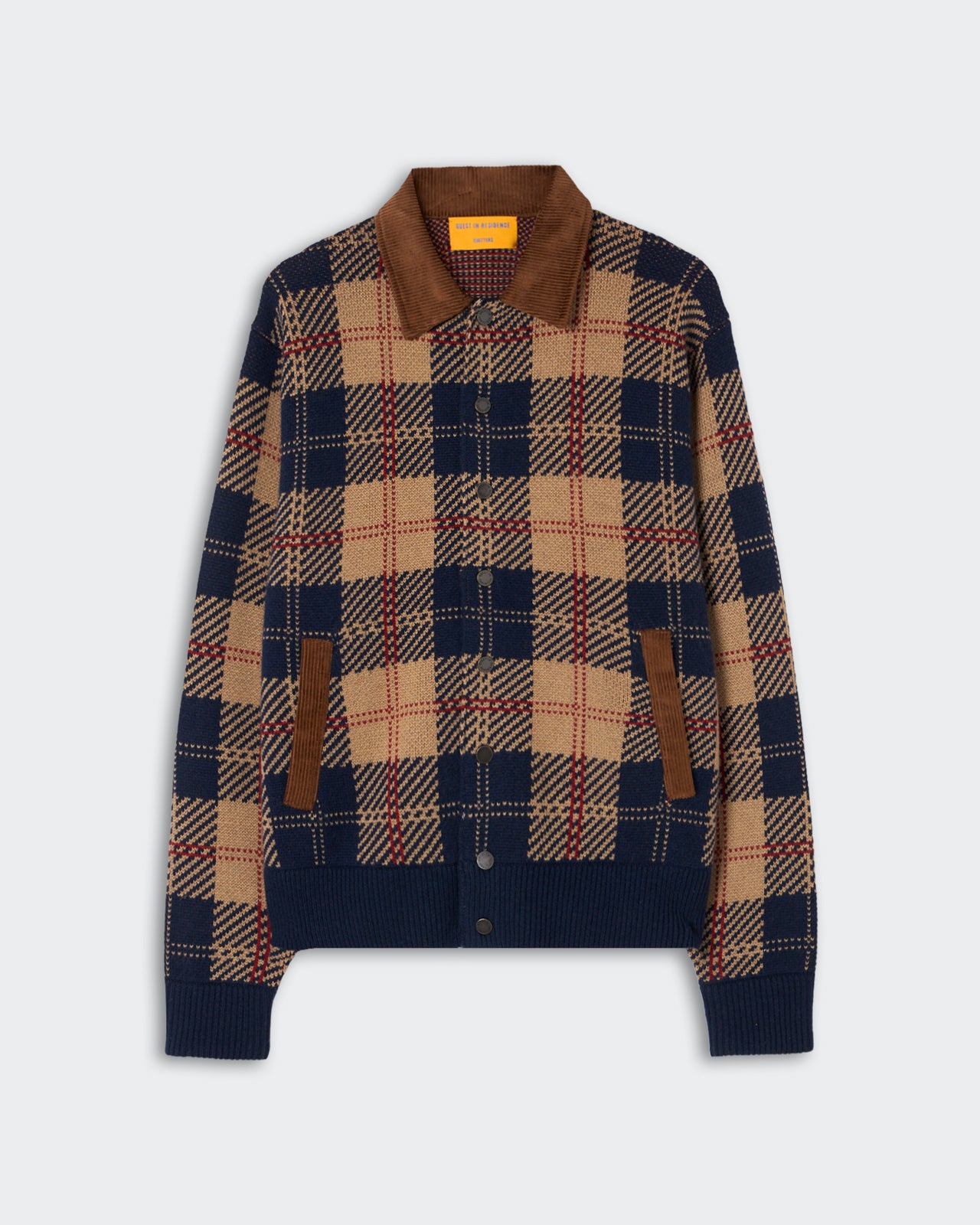 Navy, beige, and brown plaid patterned cardigan with a brown corduroy collar, front button closure, and ribbed cuffs and hem.