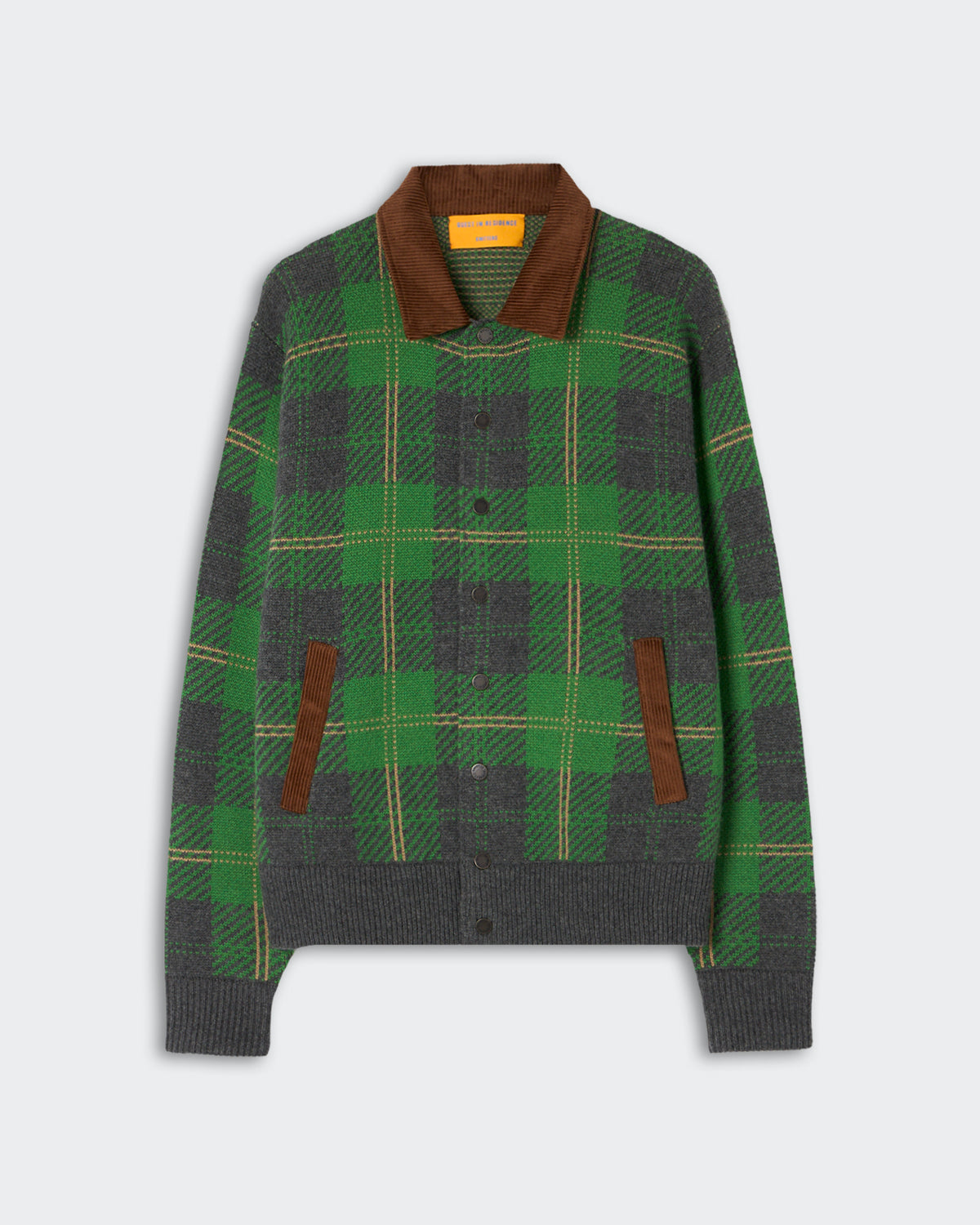 Green and gray plaid cardigan with a brown corduroy collar and matching brown pocket trims, featuring button closures down the front and ribbed cuffs and hem.