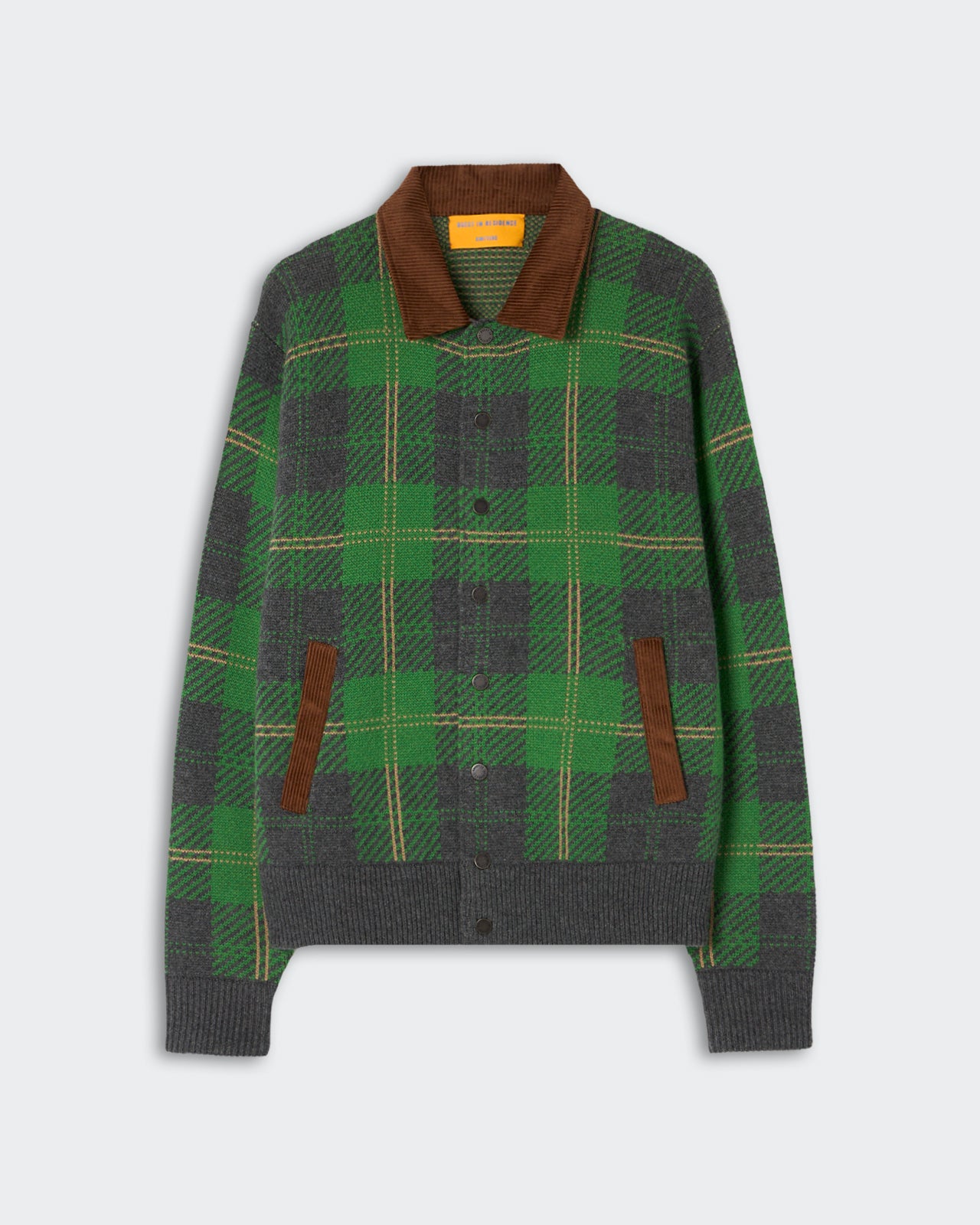 Green and gray plaid cardigan with a brown corduroy collar and matching brown pocket trims, featuring button closures down the front and ribbed cuffs and hem.