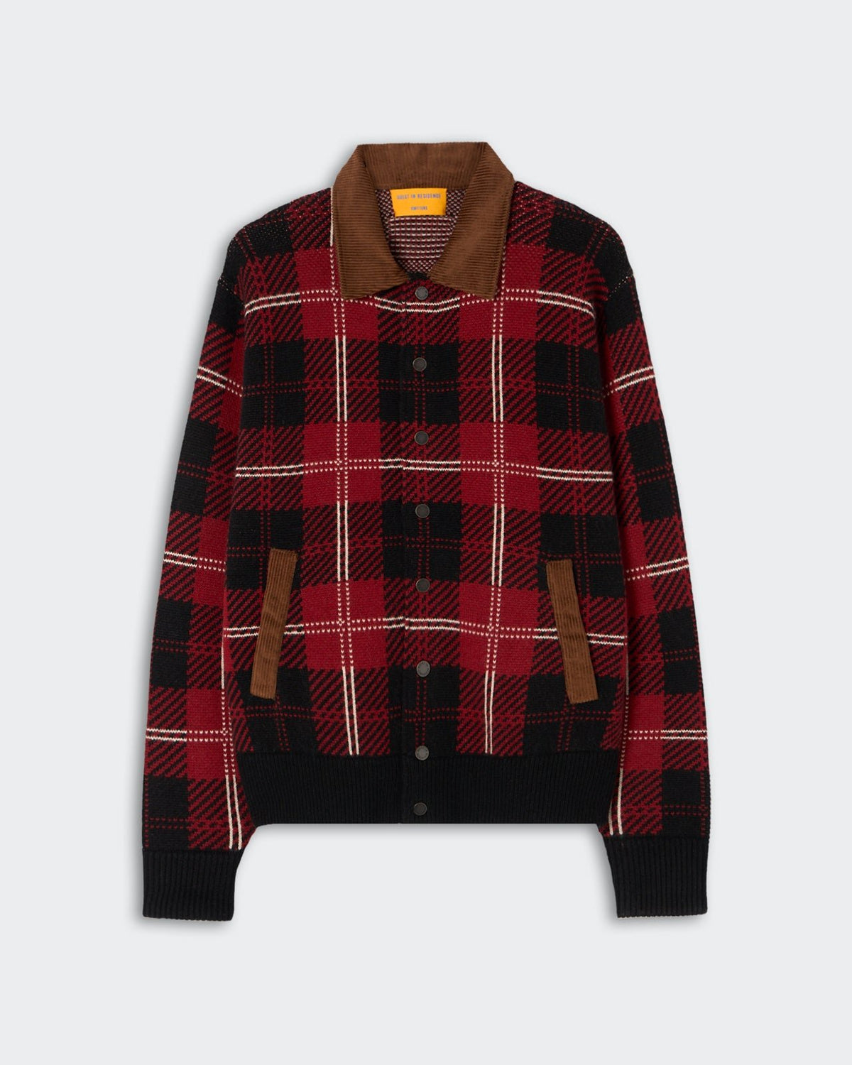 Red and black plaid patterned cardigan with brown corduroy collar and pocket trims, button-down front, and ribbed cuffs and hem.