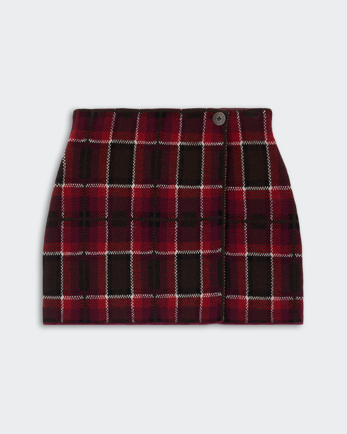 Tartan Mini Skirt - Carmine Combo featuring a red and black plaid pattern with white accents, designed with a button detail at the waistband for a classic and stylish look.