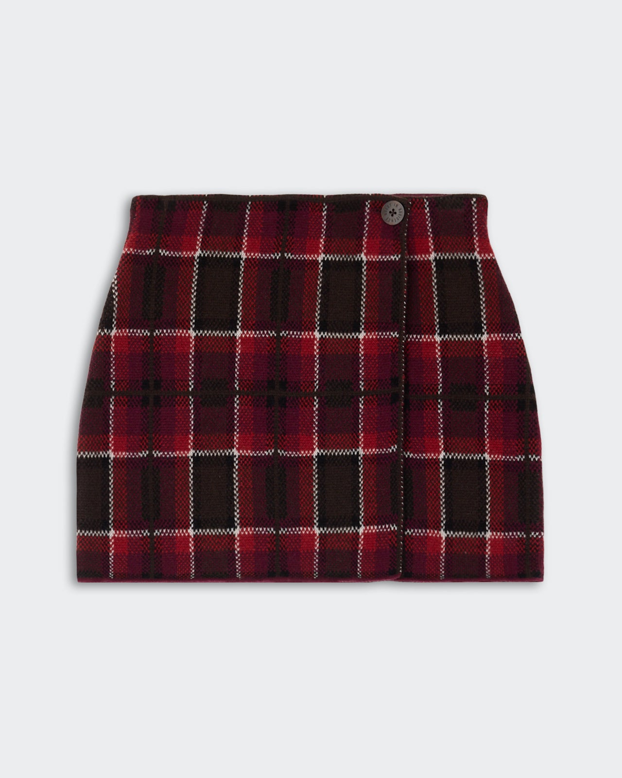 Tartan Mini Skirt - Carmine Combo featuring a red and black plaid pattern with white accents, designed with a button detail at the waistband for a classic and stylish look.