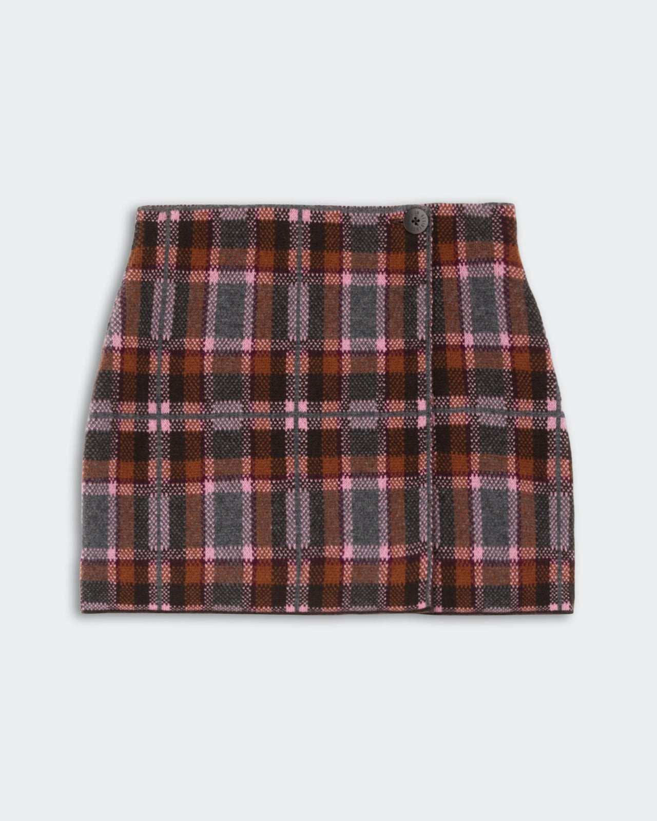 Tartan Mini Skirt - Sprinkle Combo featuring a classic plaid pattern in shades of brown, pink, and gray with a front button detail and a straight mini silhouette.