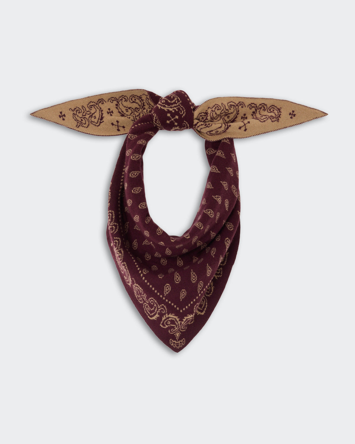 The Wild Rag - Fig/Camel bandana with intricate paisley patterns in camel color on a fig background, styled in a loose knot.