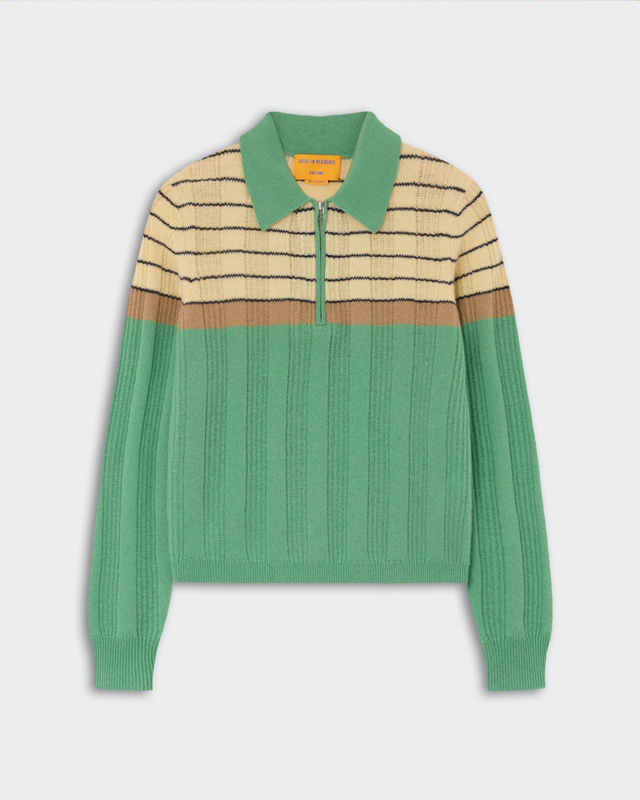 Track Polo - Highland Combo featuring a green ribbed knit body, beige and black striped upper section, brown horizontal stripe, and a green collar with a front zipper closure.