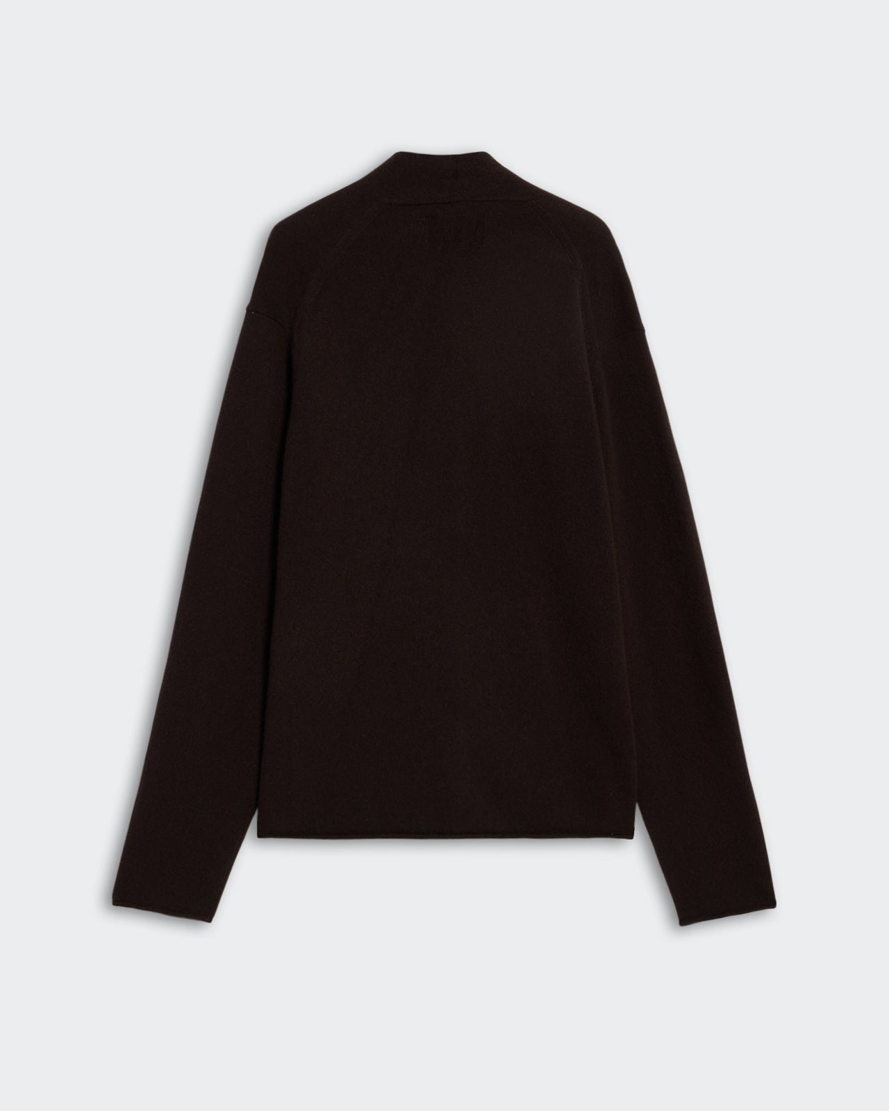 Everywear Cardigan - Burnt Cocoa shown from the back in dark brown premium cashmere fabric.