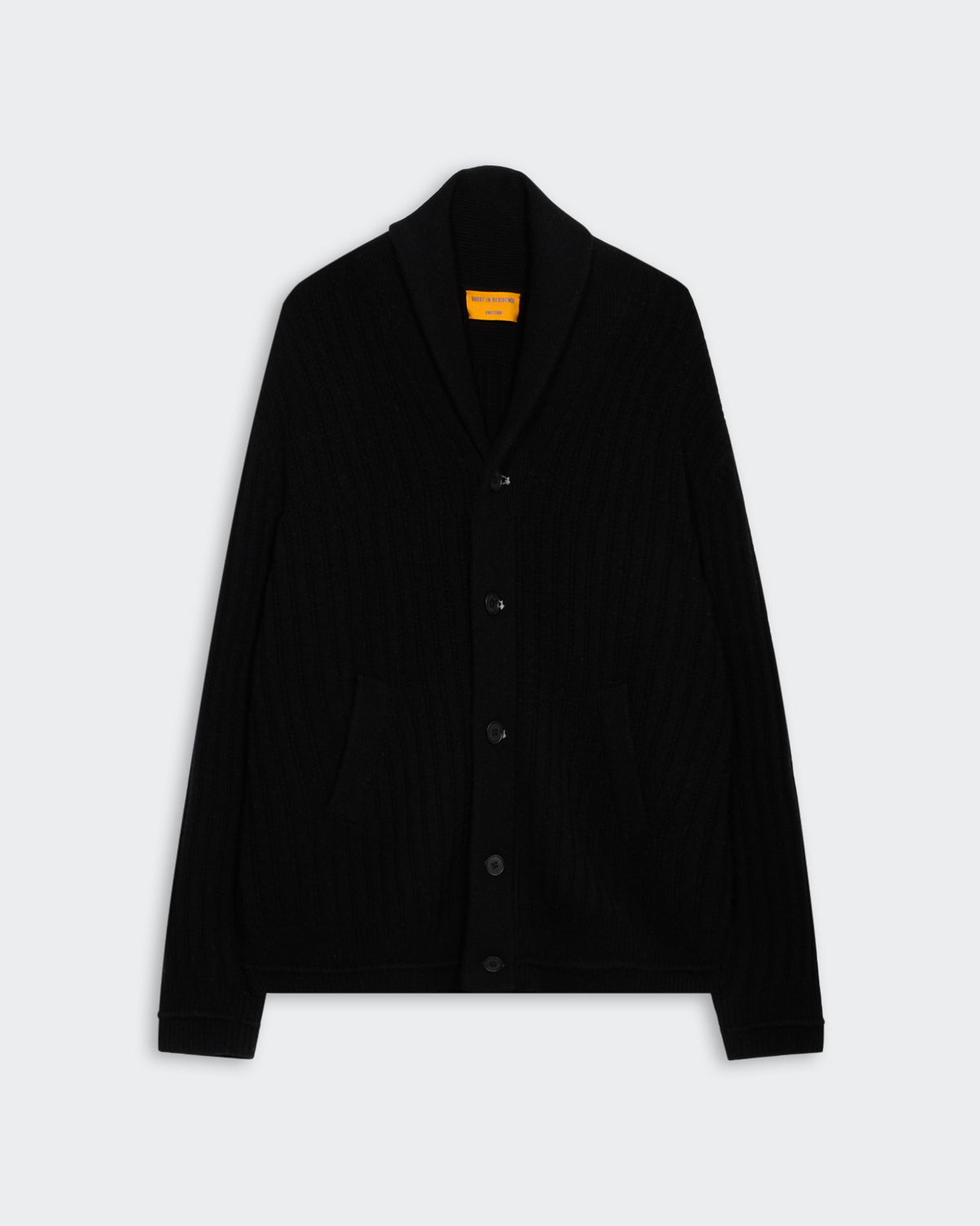 Varsity Cardigan - Black textured rib knit with shawl collar, front buttons, side pockets, and ribbed cuffs and hem.
