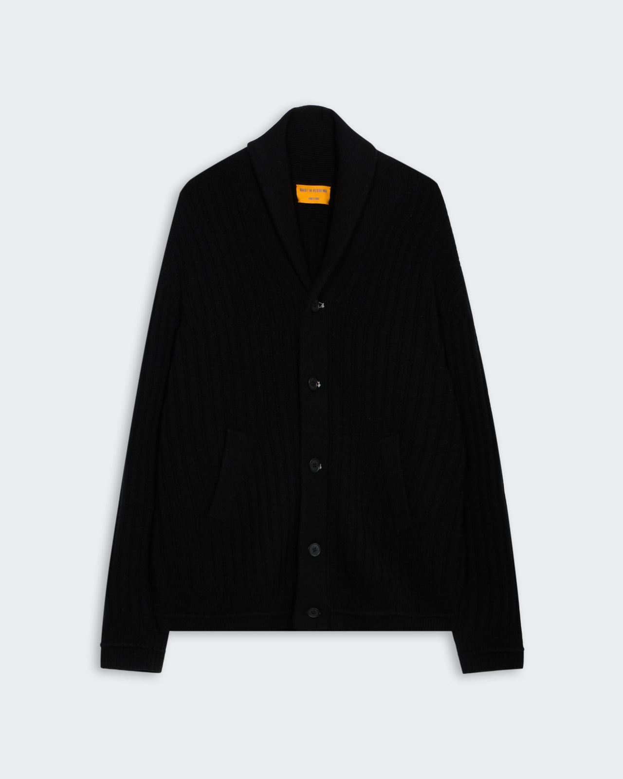Varsity Cardigan - Black textured rib knit with shawl collar, front buttons, side pockets, and ribbed cuffs and hem.