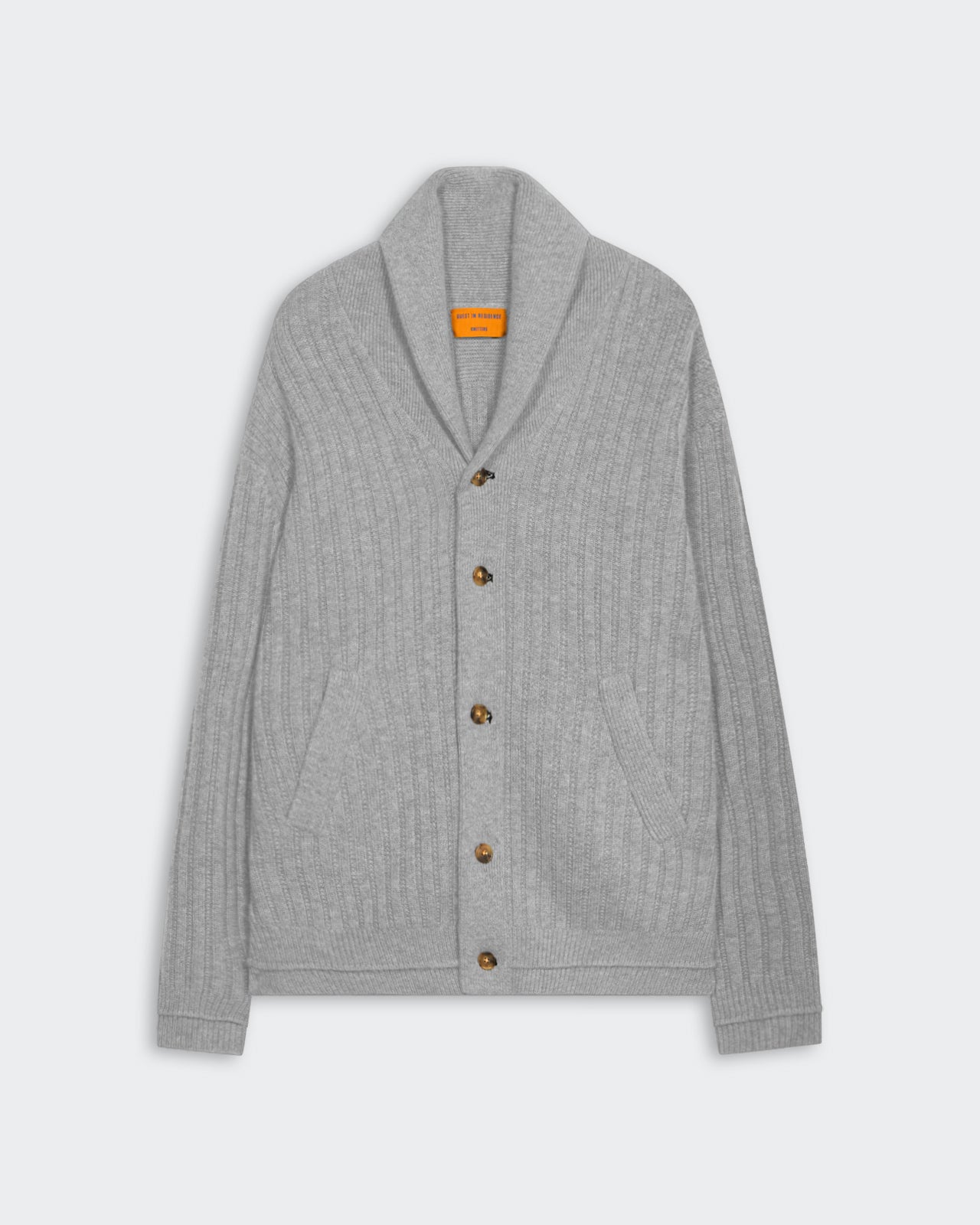 Varsity Cardigan - Heather Grey textured rib knit with shawl collar and front button closure in medium weight cashmere blend.