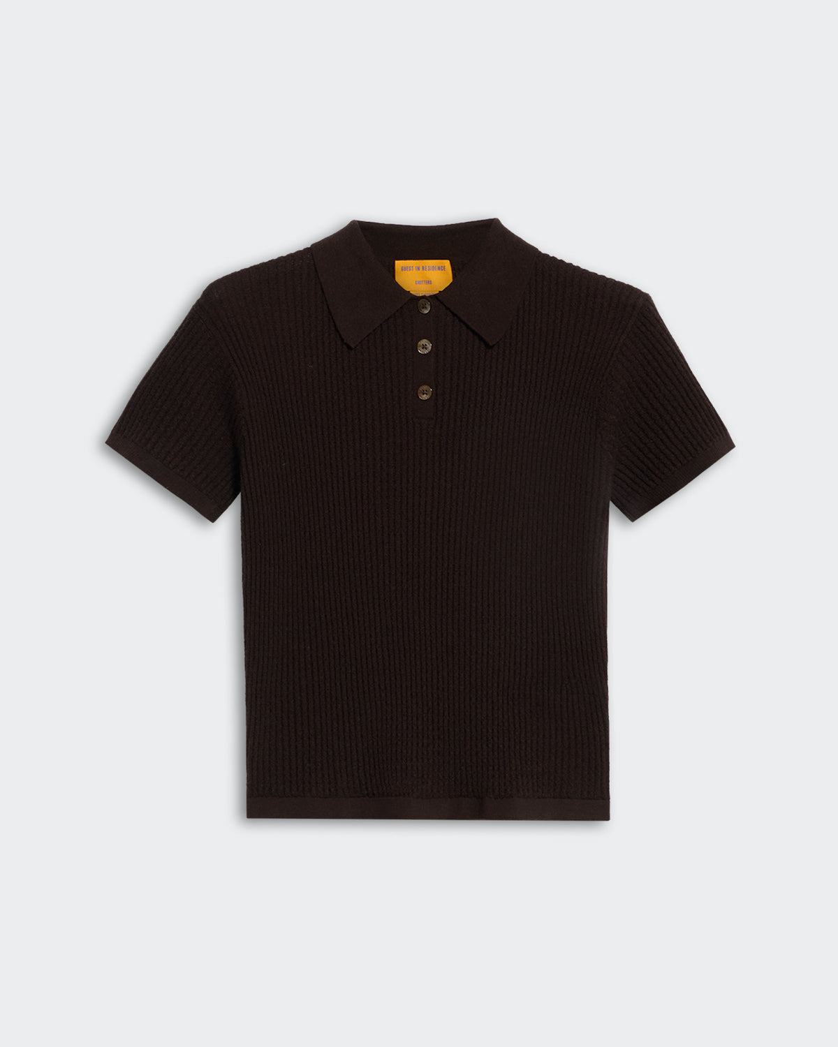 Shrunken Polo Burnt Cocoa women's lightweight waffle knit semi-sheer cashmere polo shirt with three-button placket.