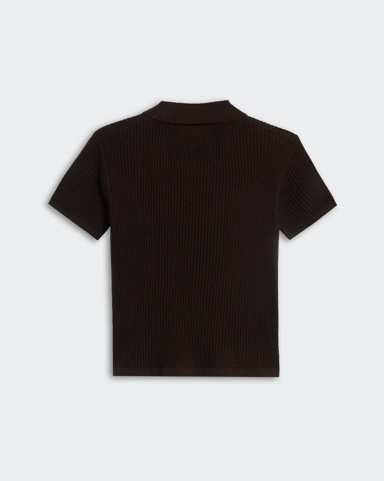 Shrunken Polo - Burnt Cocoa women's short sleeve waffle knit polo shirt with semi-sheer texture and three-button placket.