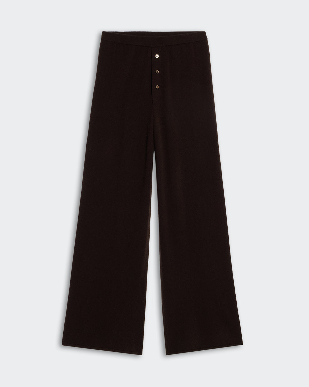 Everywear Pant Burnt Cocoa in lightweight cashmere with elastic waist and front three-button placket faux closure.