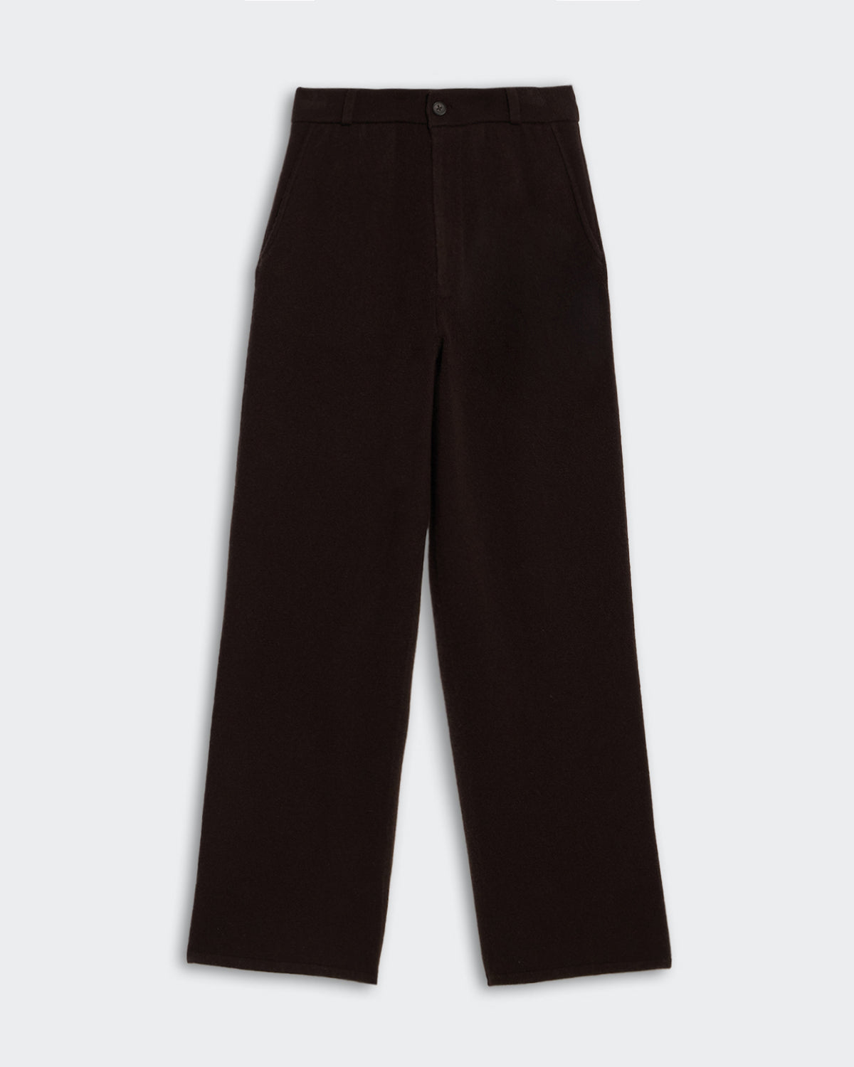 Tailored Trouser - Burnt Cocoa with wide leg cut and button closure in rich dark brown shade.