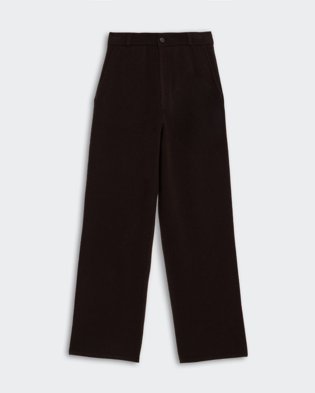 Tailored Trouser - Burnt Cocoa with wide leg cut and button closure in rich dark brown shade.