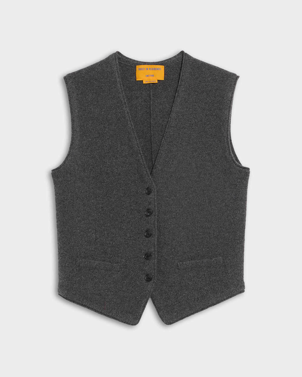 Tailored Vest - Charcoal sleeveless button-up vest with V-neck and two front pockets in dark gray fabric.