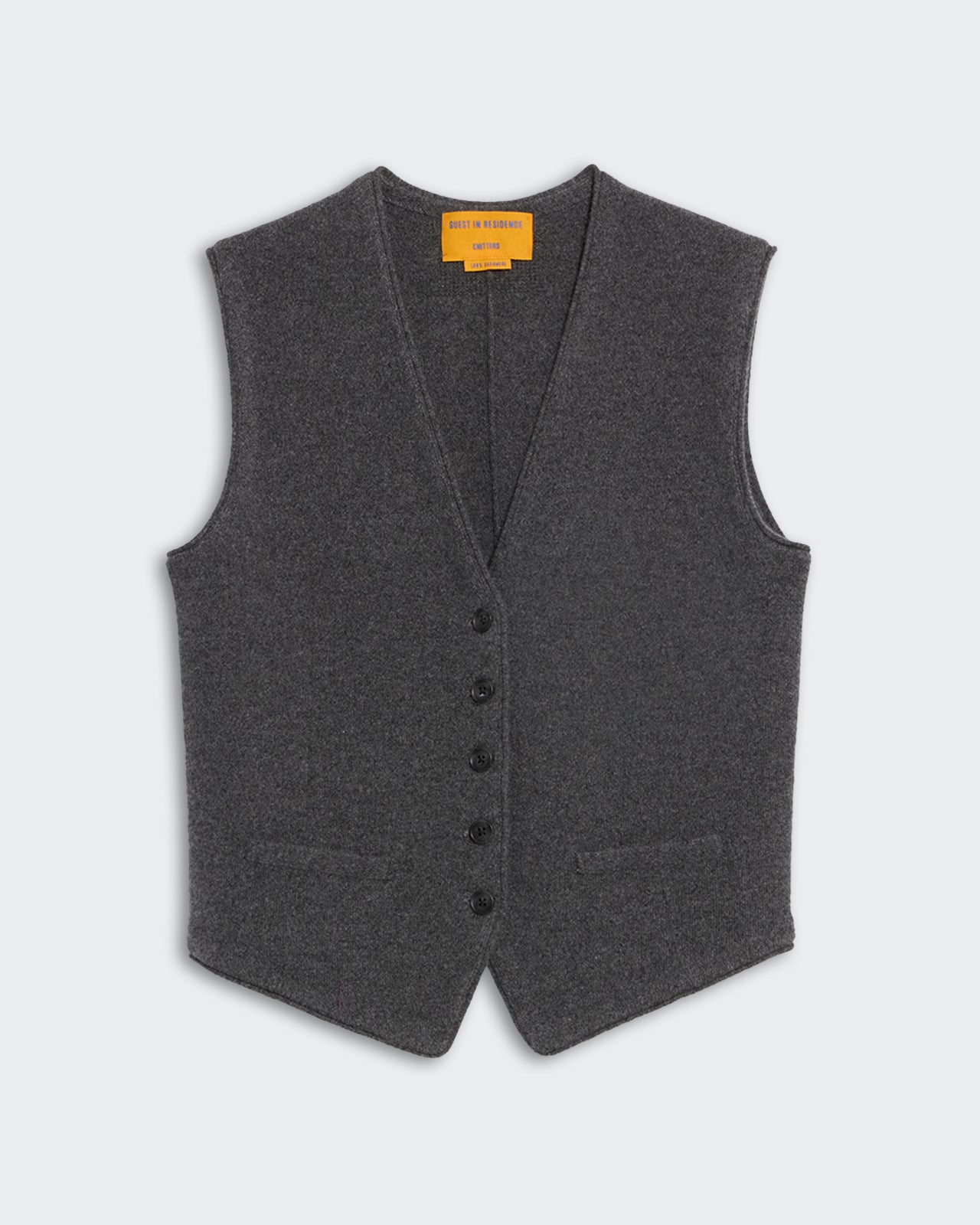 Tailored Vest - Charcoal sleeveless button-up vest with V-neck and two front pockets in dark gray fabric.