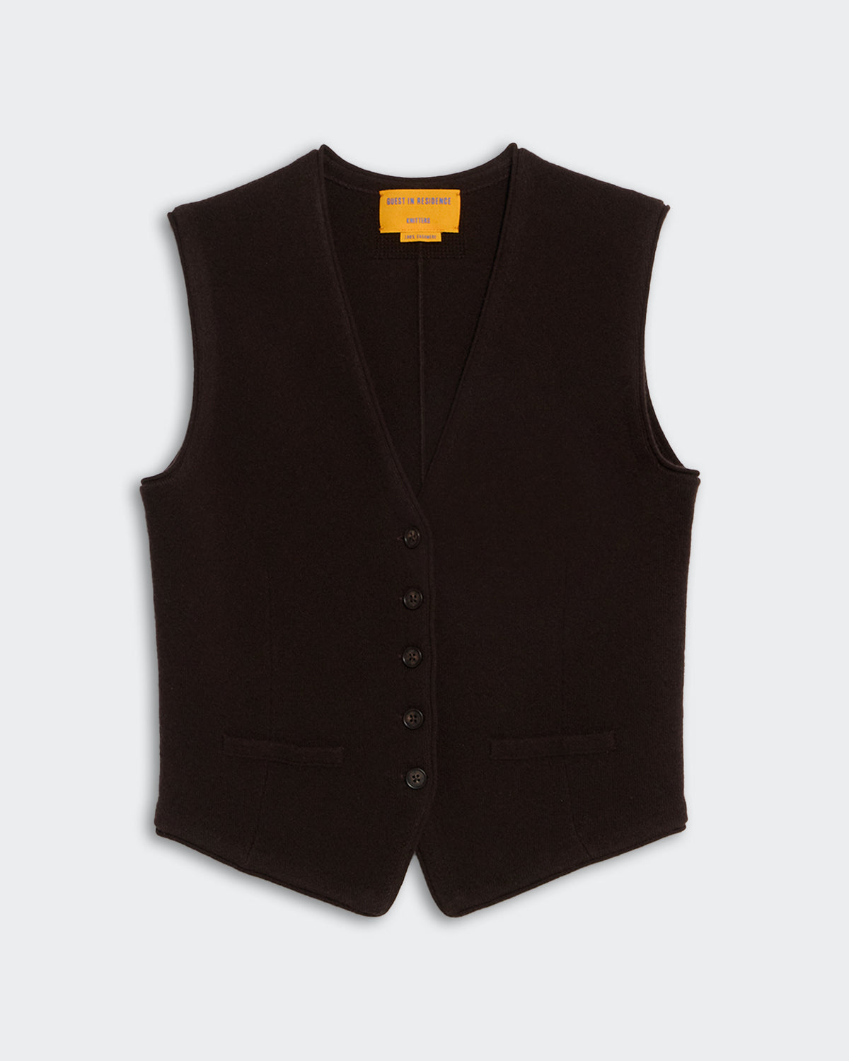 Tailored Vest - Burnt Cocoa in dark brown with button front and two front pockets on a light background.