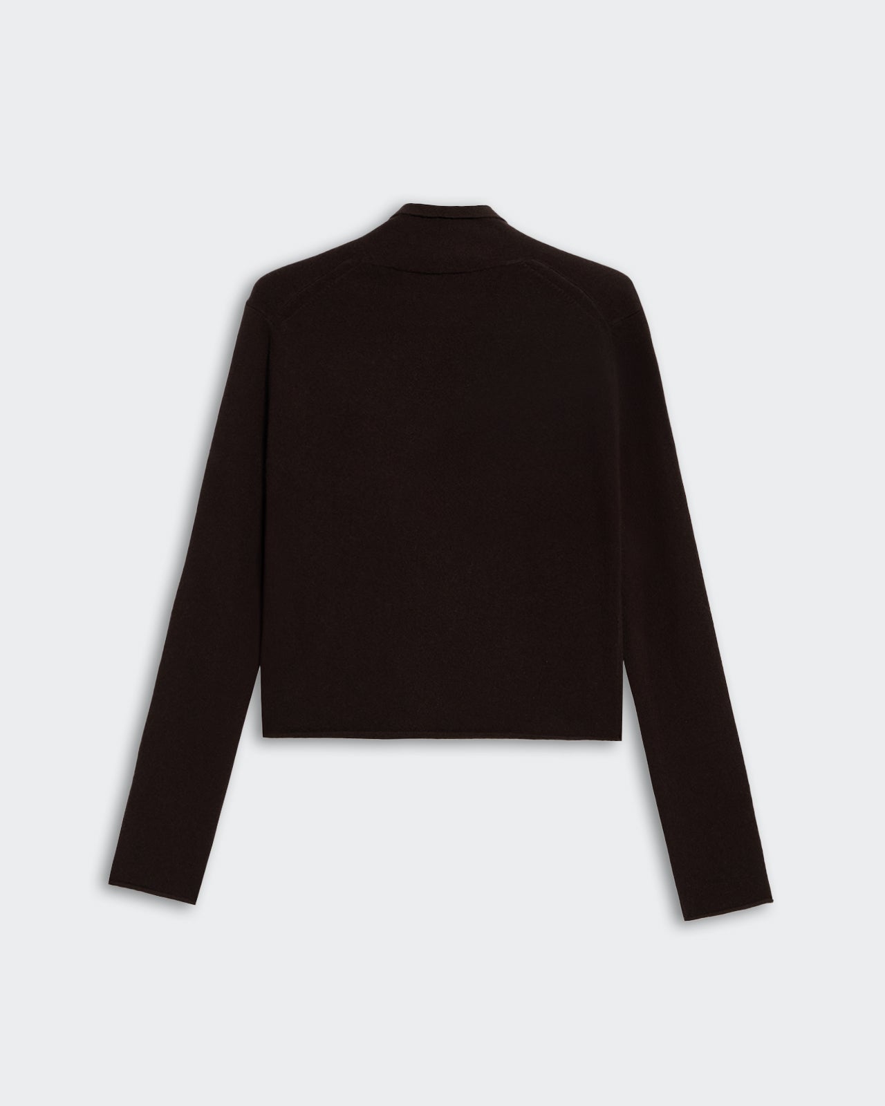 Stealth Cardigan Burnt Cocoa shown from the back, lightweight knit cashmere with long sleeves and a shawl collar.