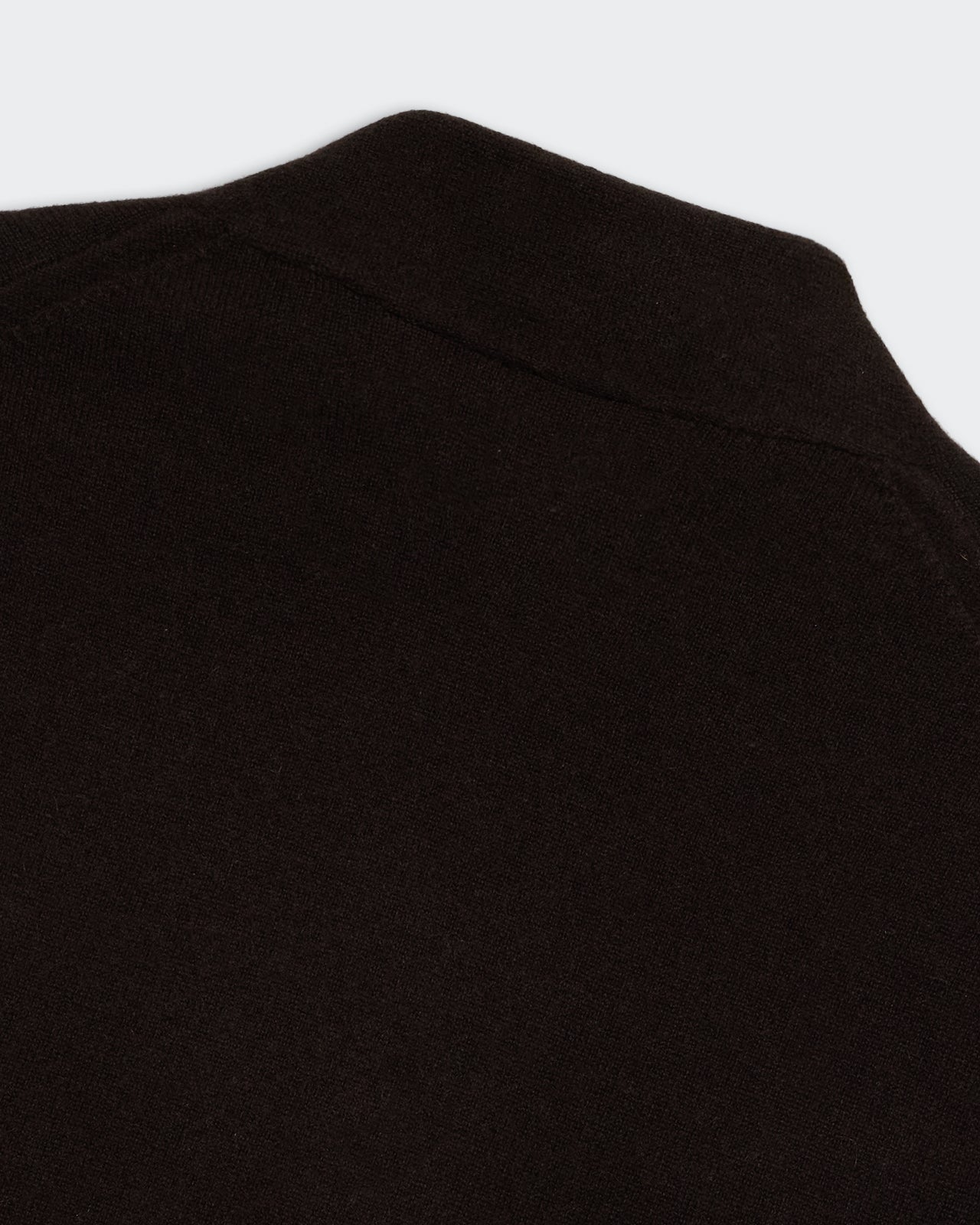 Close-up of shawl collar detail on Stealth Cardigan Burnt Cocoa in lightweight cashmere knit fabric.