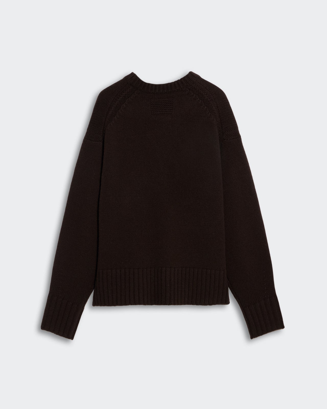 Cozy Crew - Burnt Cocoa sweater displayed flat, featuring long sleeves and ribbed cuffs and hem in dark brown color.