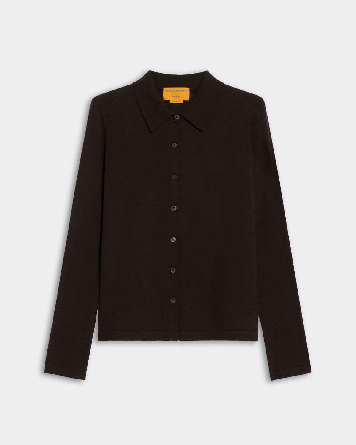 Elle Shirt in Cashmere - Burnt Cocoa with long sleeves, button-down front, and classic collar in dark brown shade.