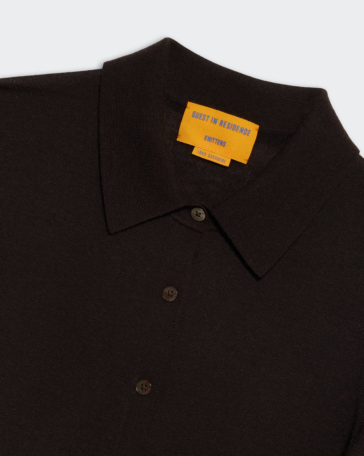 Elle Shirt in Cashmere - Burnt Cocoa with button-down collar and soft knit fabric in rich dark brown shade.