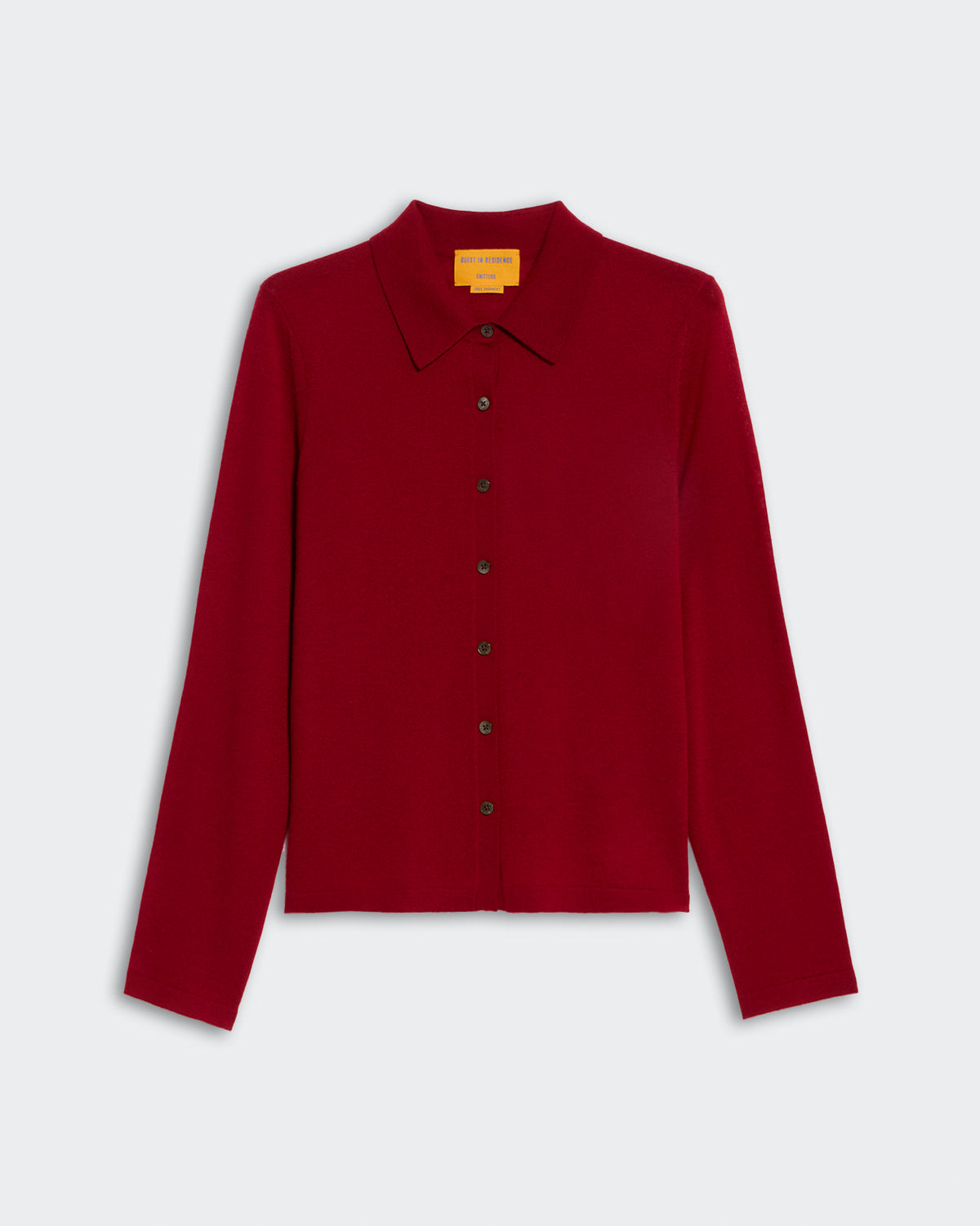 Elle Shirt in Cashmere Ruby is a long-sleeve button-up cashmere shirt in deep ruby red color.