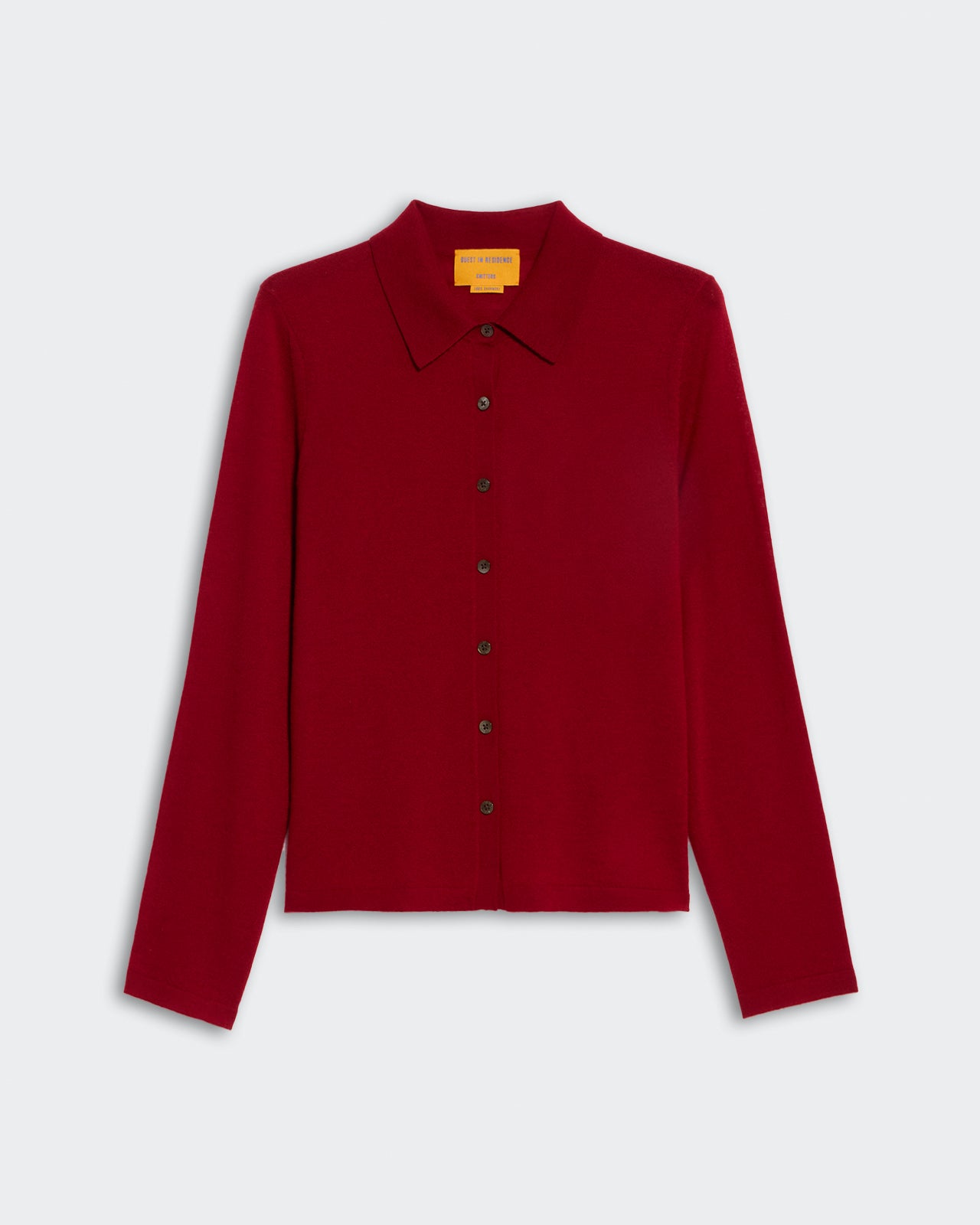 Elle Shirt in Cashmere Ruby is a long-sleeve button-up cashmere shirt in deep ruby red color.