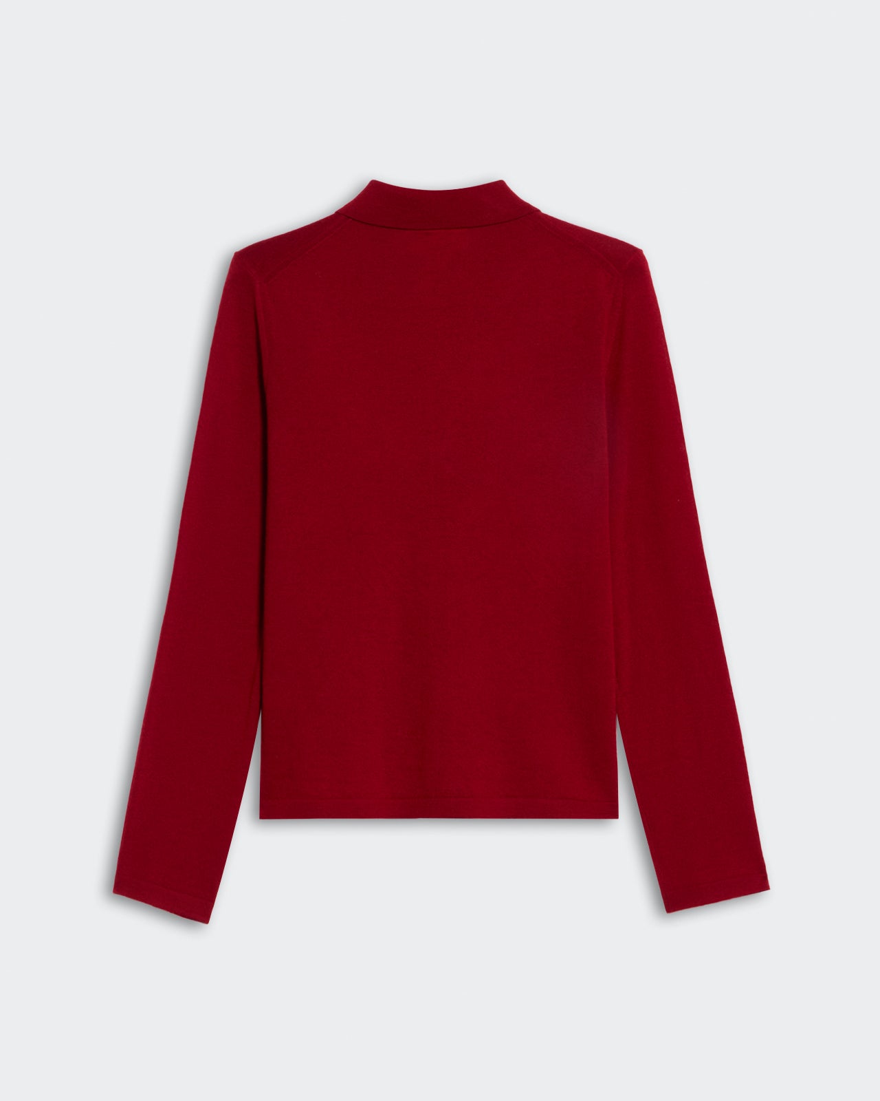 Elle Shirt in Cashmere Ruby shown from back in deep red with long sleeves and a simple collar design.