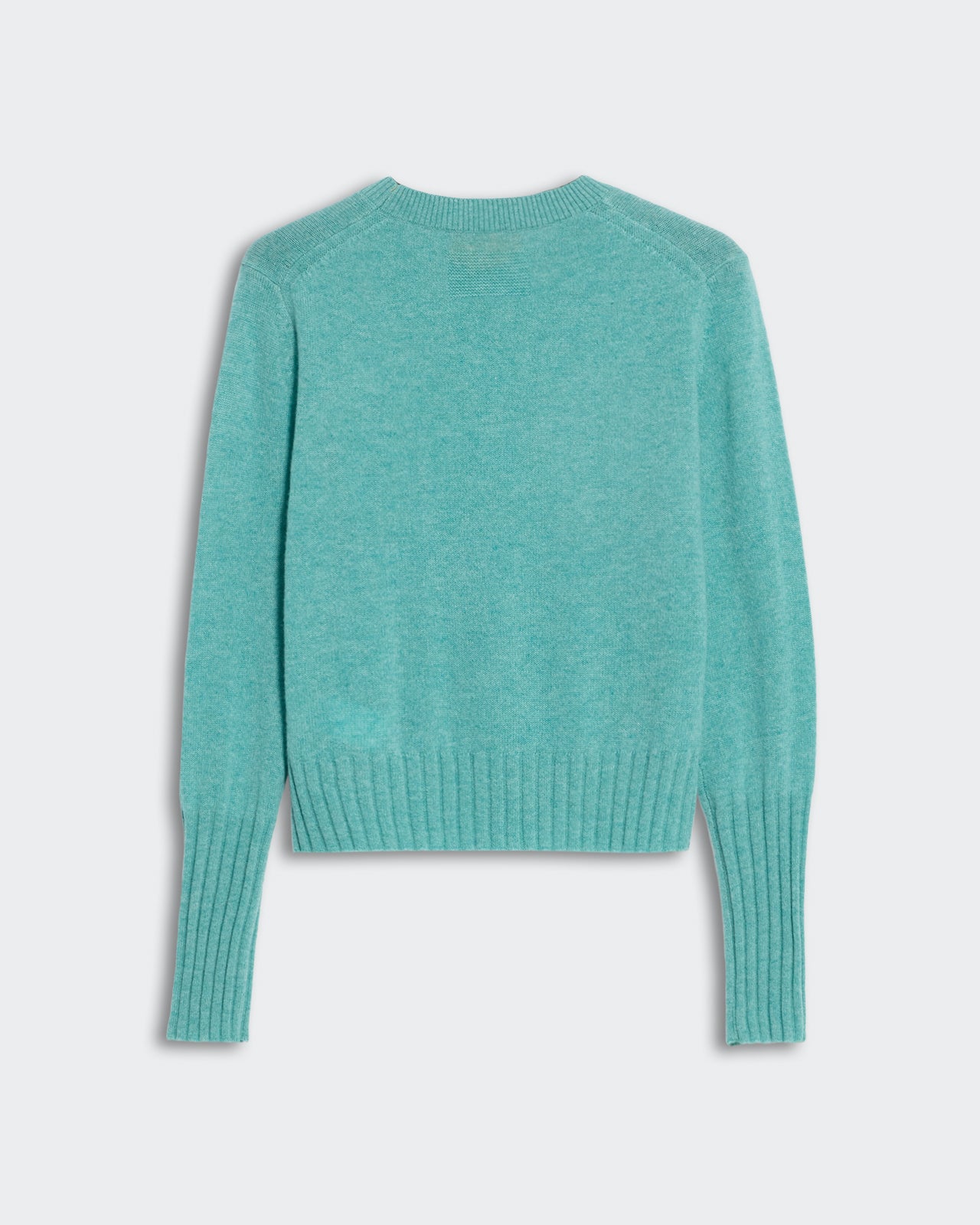 Shrunken Crew - Glacier long sleeve crewneck sweater in light teal with ribbed cuffs and hem, shown from the back.