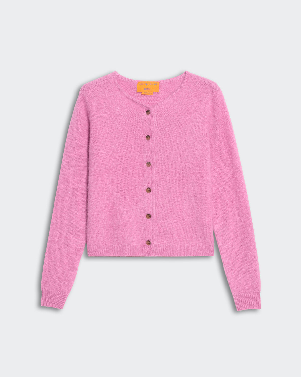 Pink brushed cashmere Grizzly cardigan for women with crew neck and button-down front, medium-weight knit sweater.
